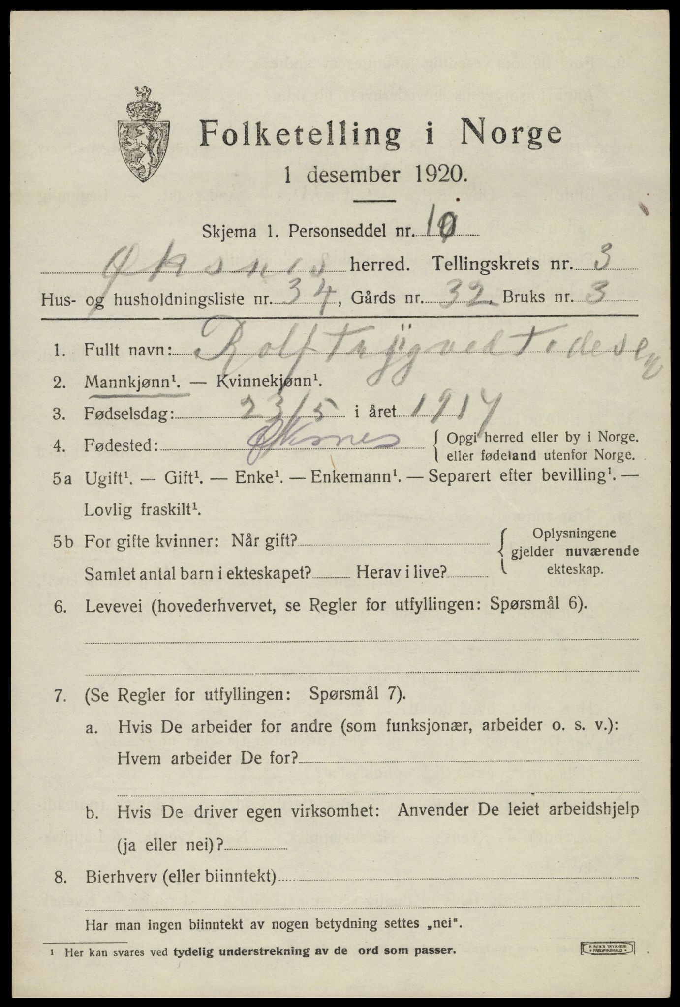 SAT, 1920 census for Øksnes, 1920, p. 2844