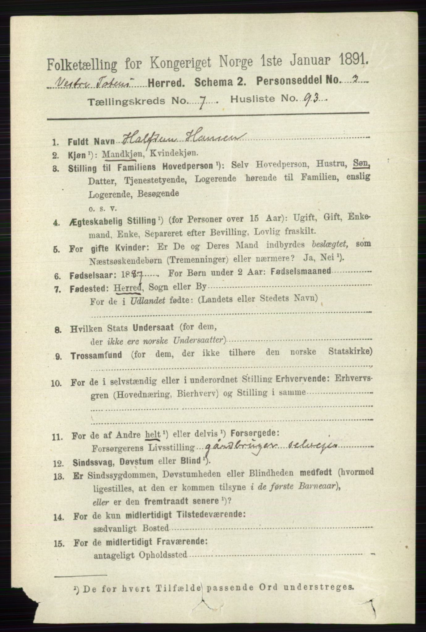 RA, 1891 census for 0529 Vestre Toten, 1891, p. 4910