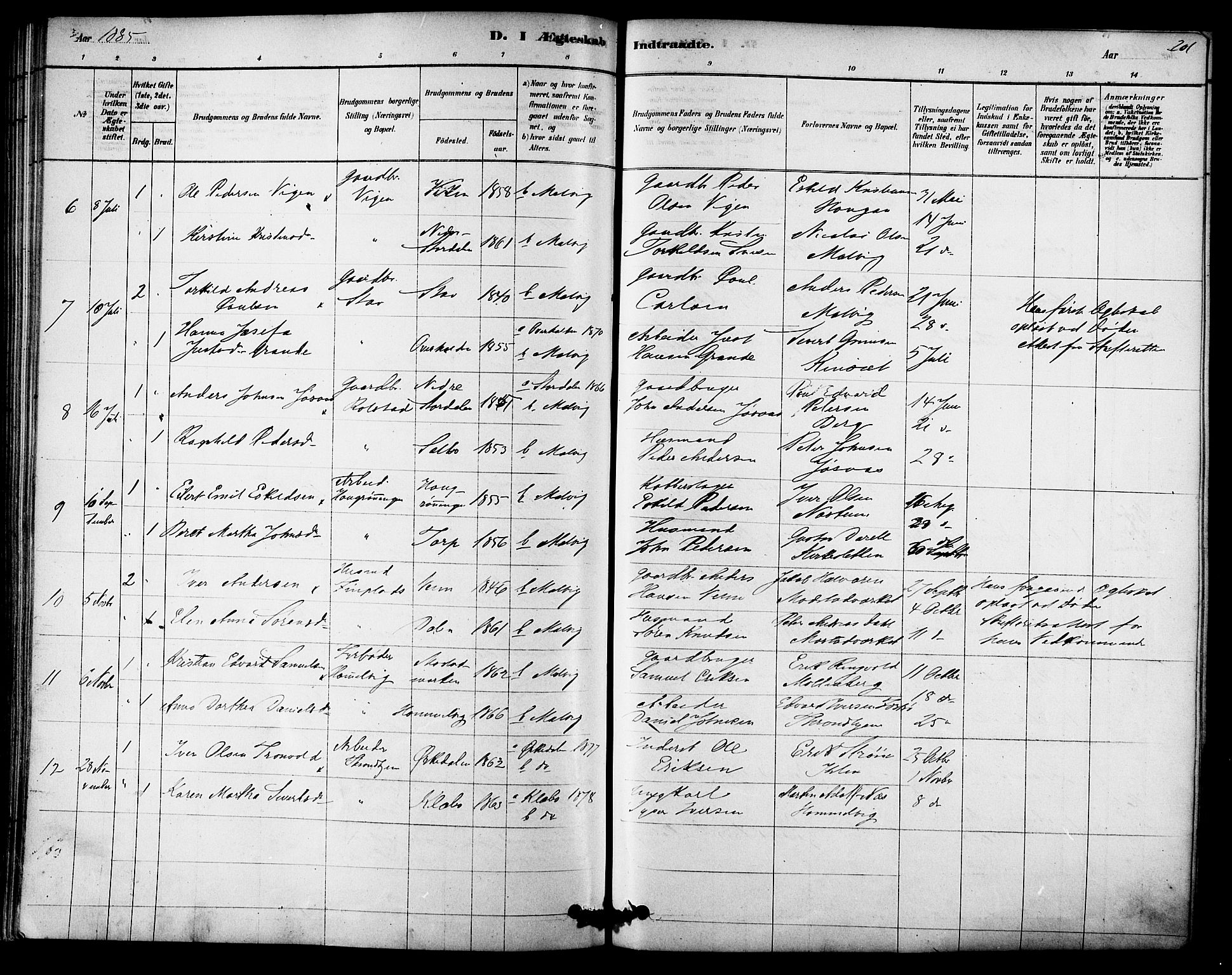 Ministerialprotokoller, klokkerbøker og fødselsregistre - Sør-Trøndelag, AV/SAT-A-1456/616/L0410: Parish register (official) no. 616A07, 1878-1893, p. 201