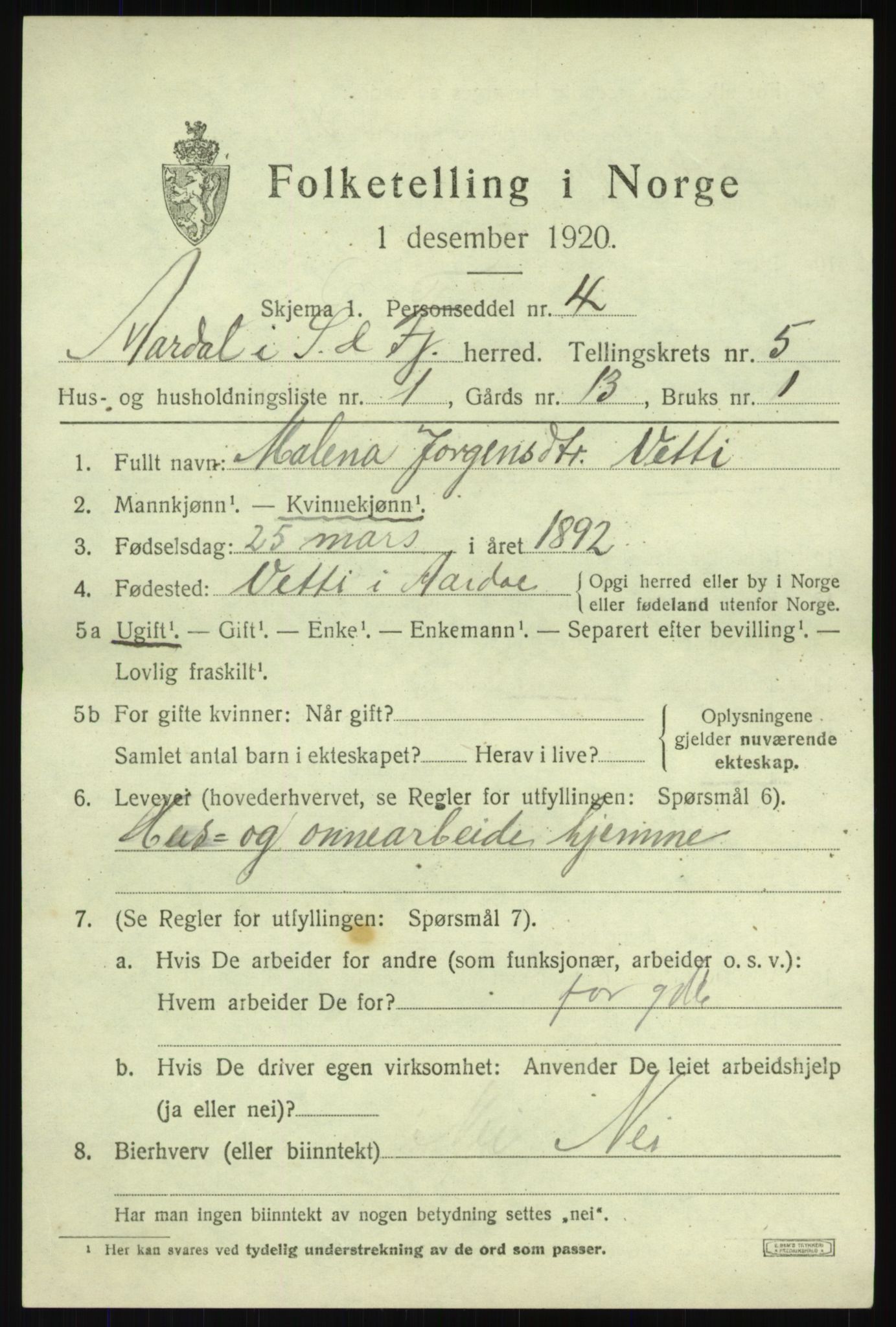 SAB, 1920 census for Årdal, 1920, p. 2785