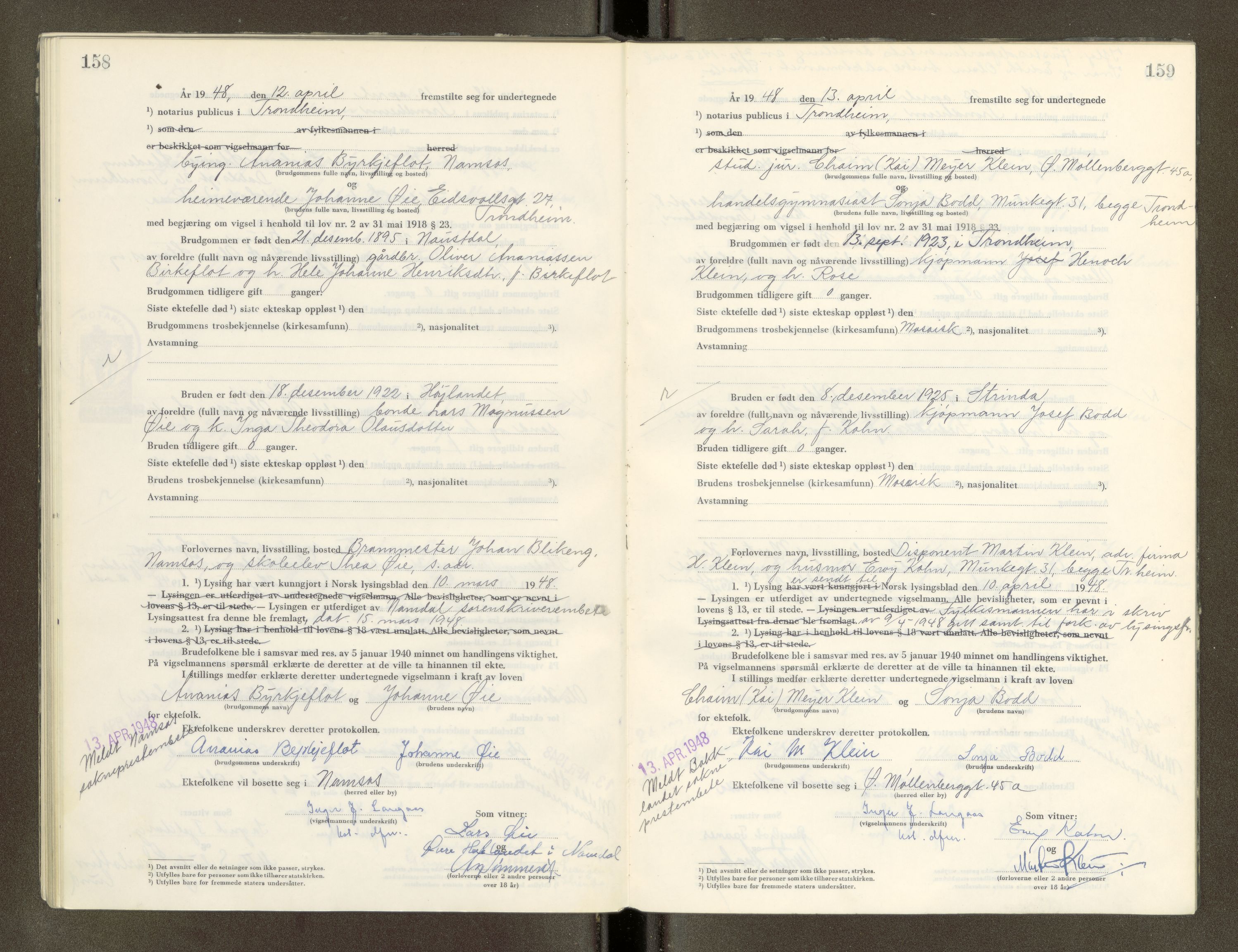 Trondheim byfogd, AV/SAT-A-0003/1/6/6D/L0005: Vigselbøker, 1944-1948, p. 158-159