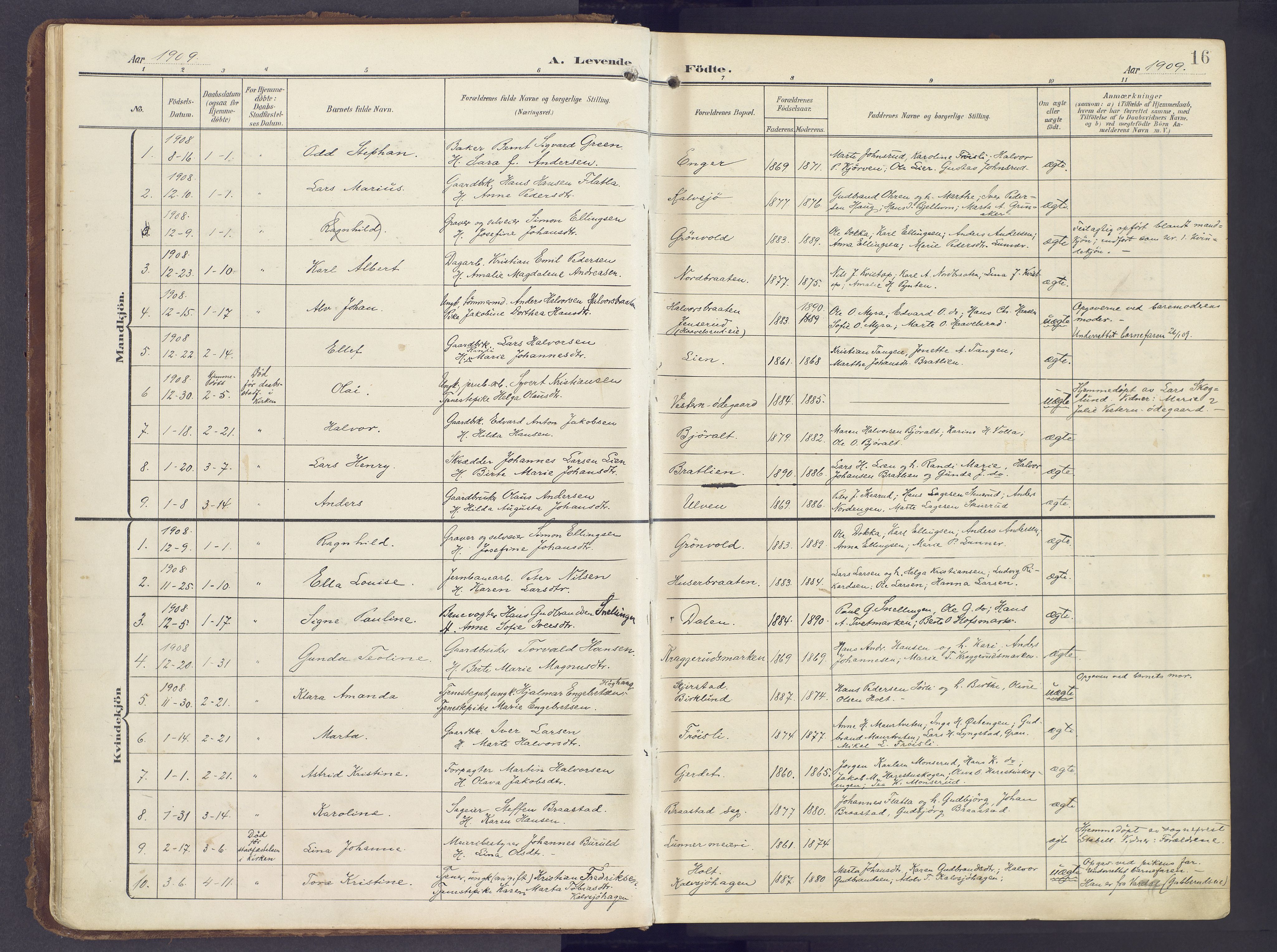 Lunner prestekontor, SAH/PREST-118/H/Ha/Haa/L0001: Parish register (official) no. 1, 1907-1922, p. 16