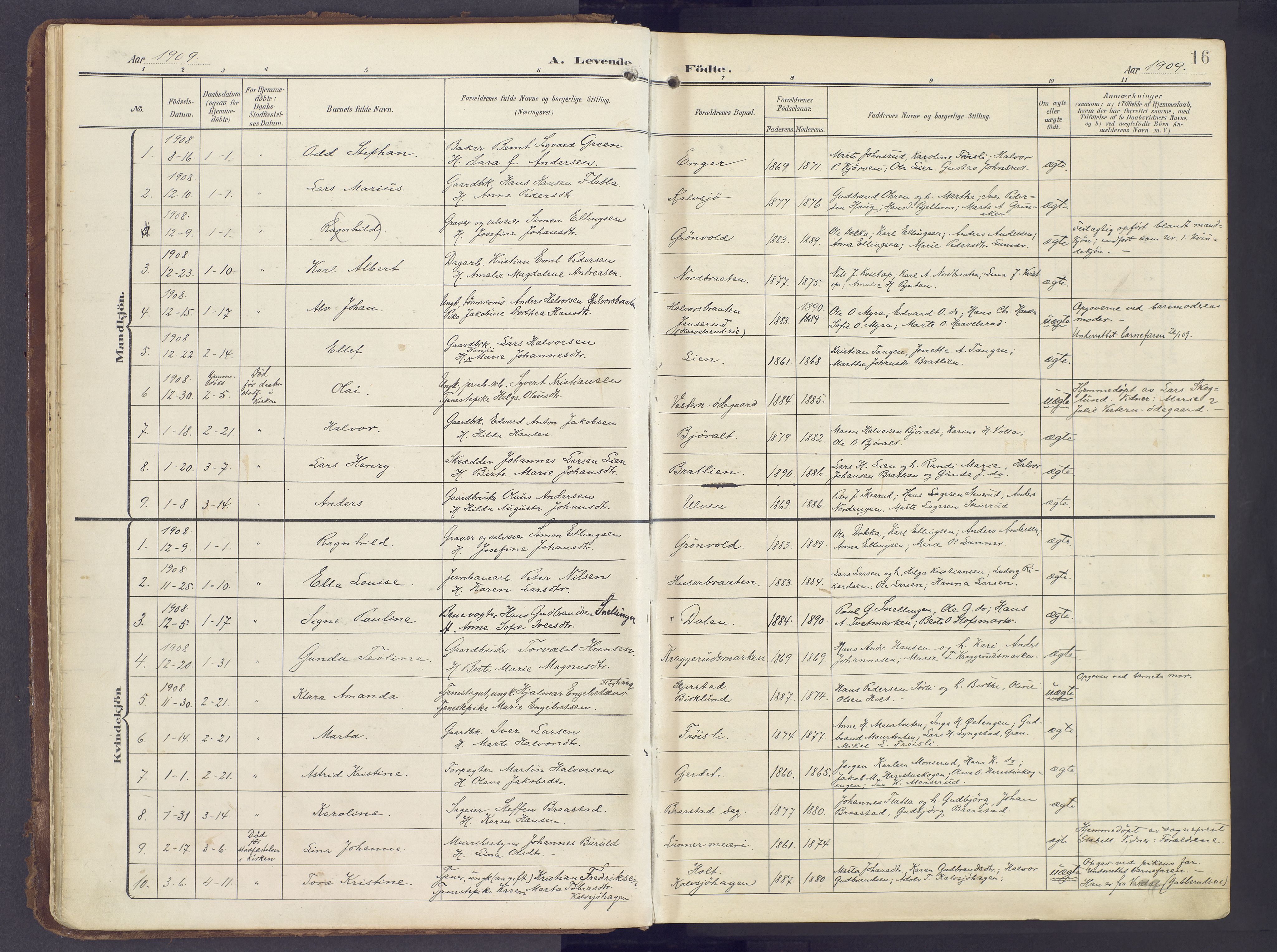 Lunner prestekontor, AV/SAH-PREST-118/H/Ha/Haa/L0001: Parish register (official) no. 1, 1907-1922, p. 16