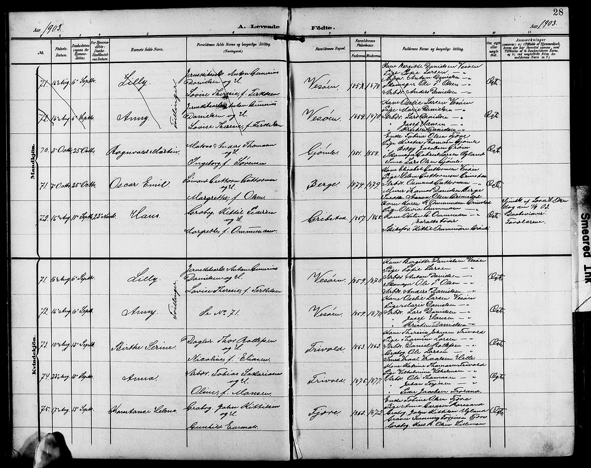 Fjære sokneprestkontor, SAK/1111-0011/F/Fb/L0012: Parish register (copy) no. B 12, 1902-1925, p. 28