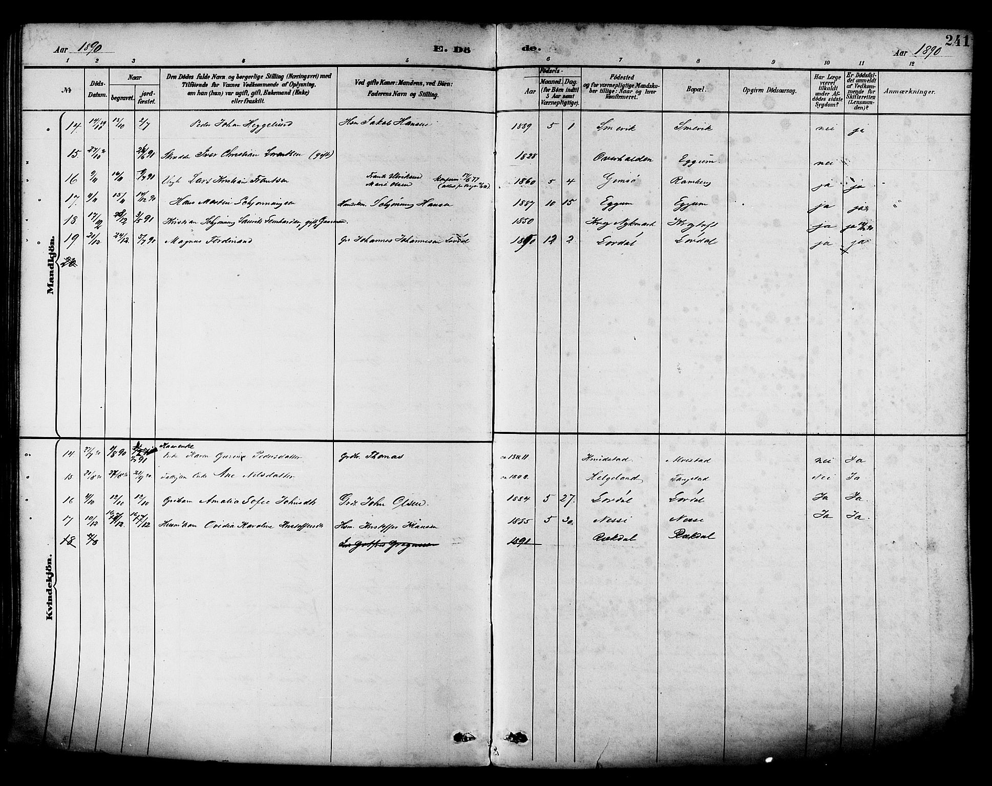 Ministerialprotokoller, klokkerbøker og fødselsregistre - Nordland, AV/SAT-A-1459/880/L1133: Parish register (official) no. 880A07, 1888-1898, p. 241