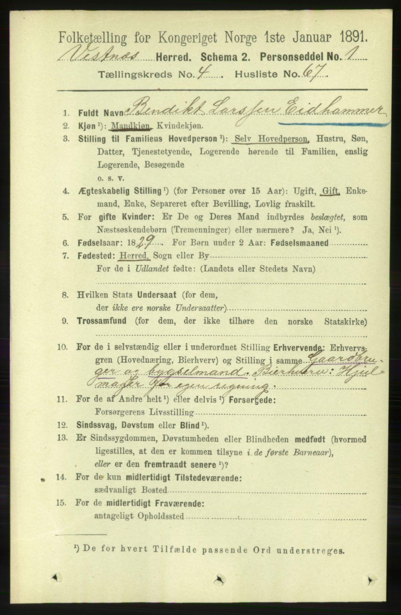 RA, 1891 census for 1535 Vestnes, 1891, p. 1666