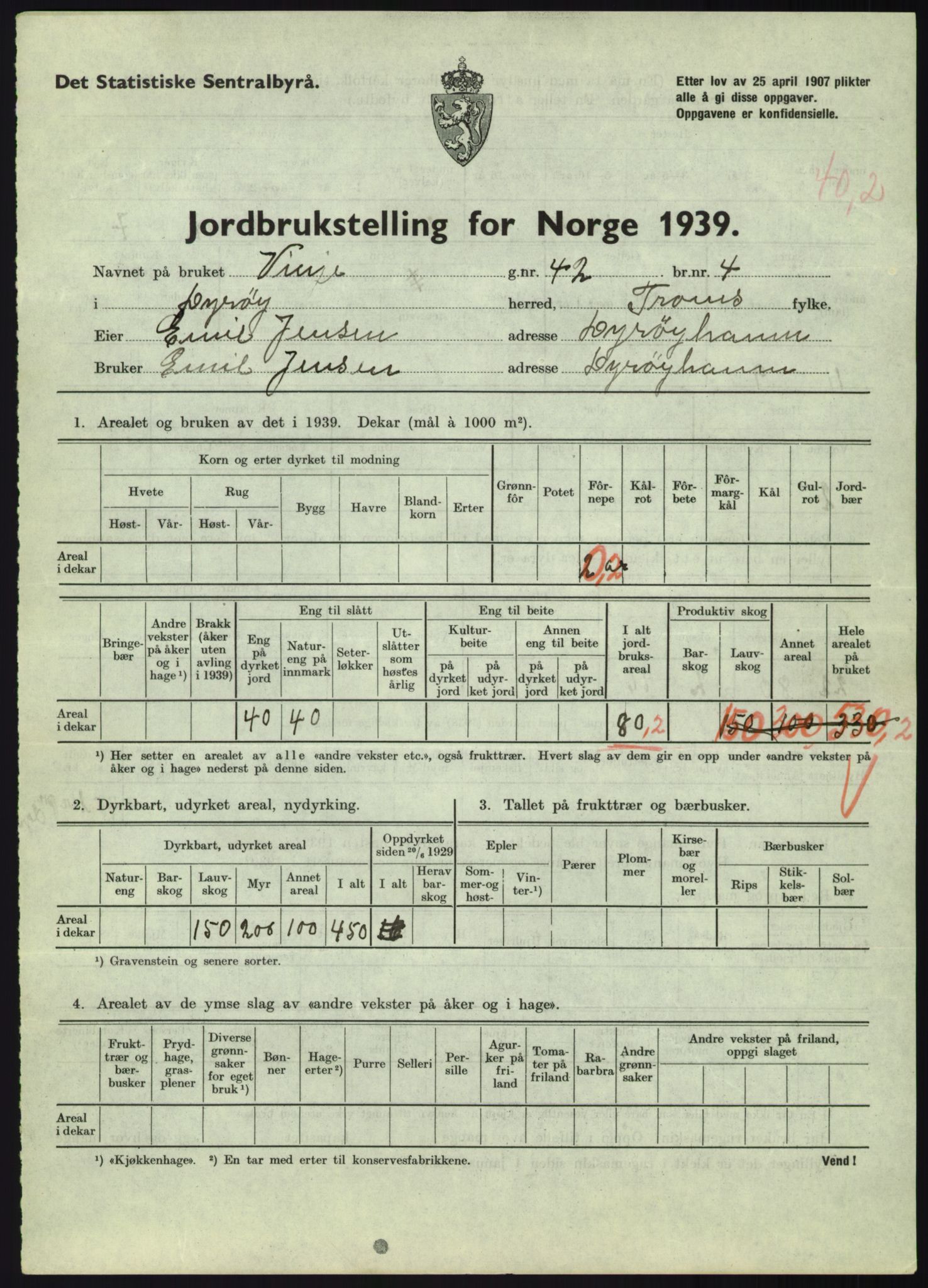 Statistisk sentralbyrå, Næringsøkonomiske emner, Jordbruk, skogbruk, jakt, fiske og fangst, AV/RA-S-2234/G/Gb/L0340: Troms: Salangen og Dyrøy, 1939, p. 1527