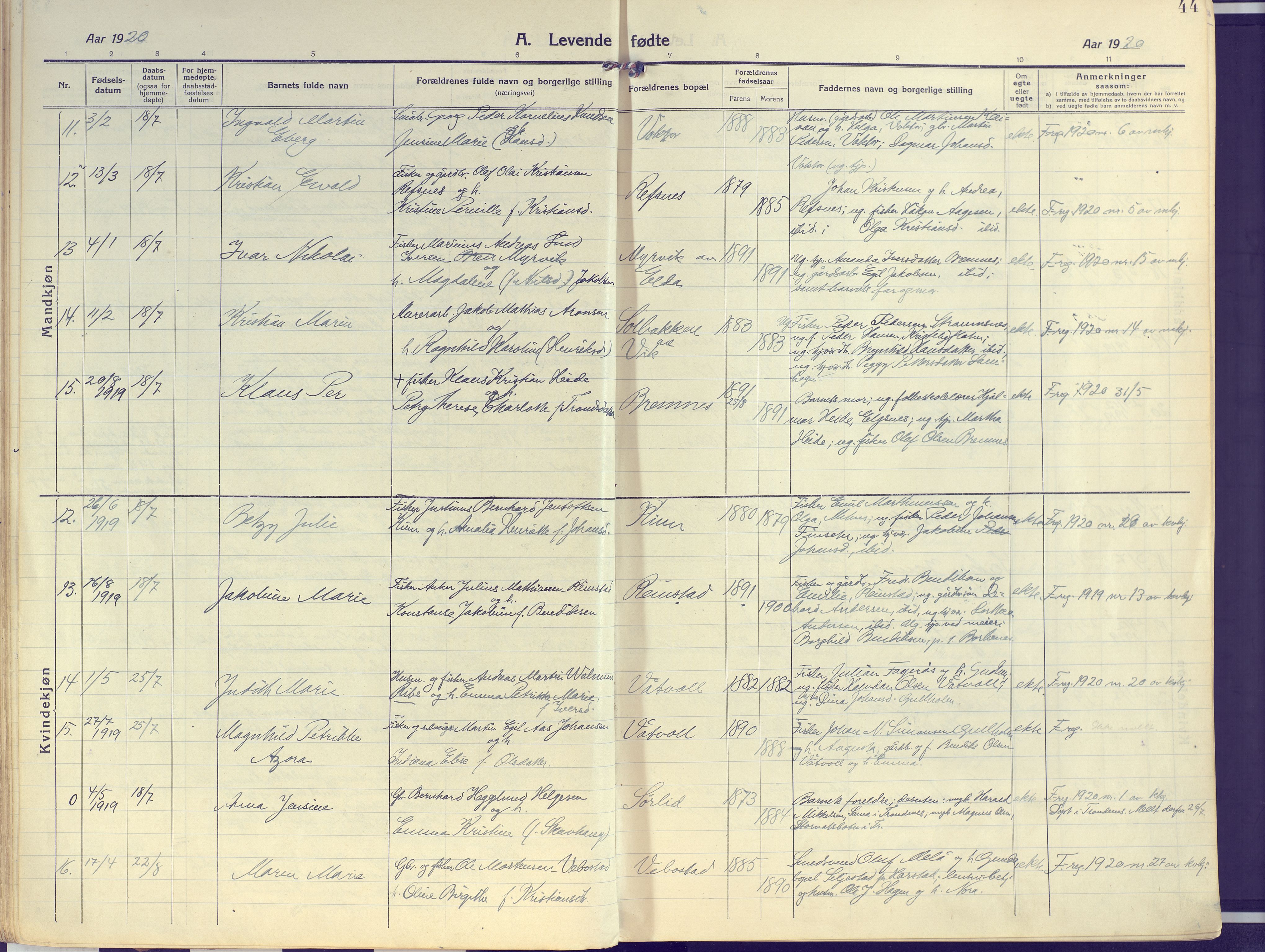 Kvæfjord sokneprestkontor, SATØ/S-1323/G/Ga/Gaa/L0007kirke: Parish register (official) no. 7, 1915-1931, p. 44