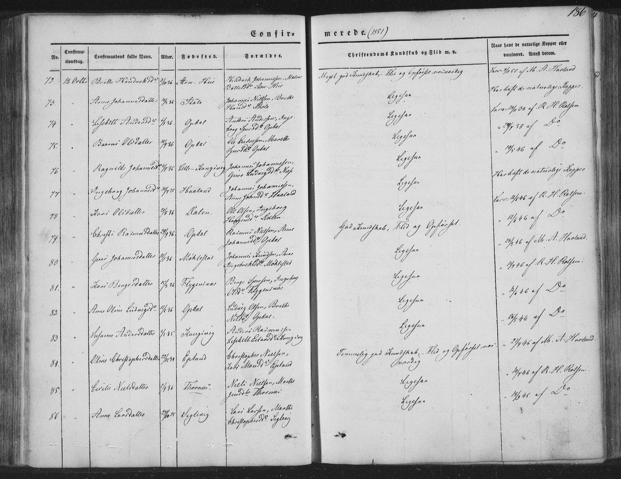 Tysnes sokneprestembete, AV/SAB-A-78601/H/Haa: Parish register (official) no. A 10, 1848-1859, p. 186