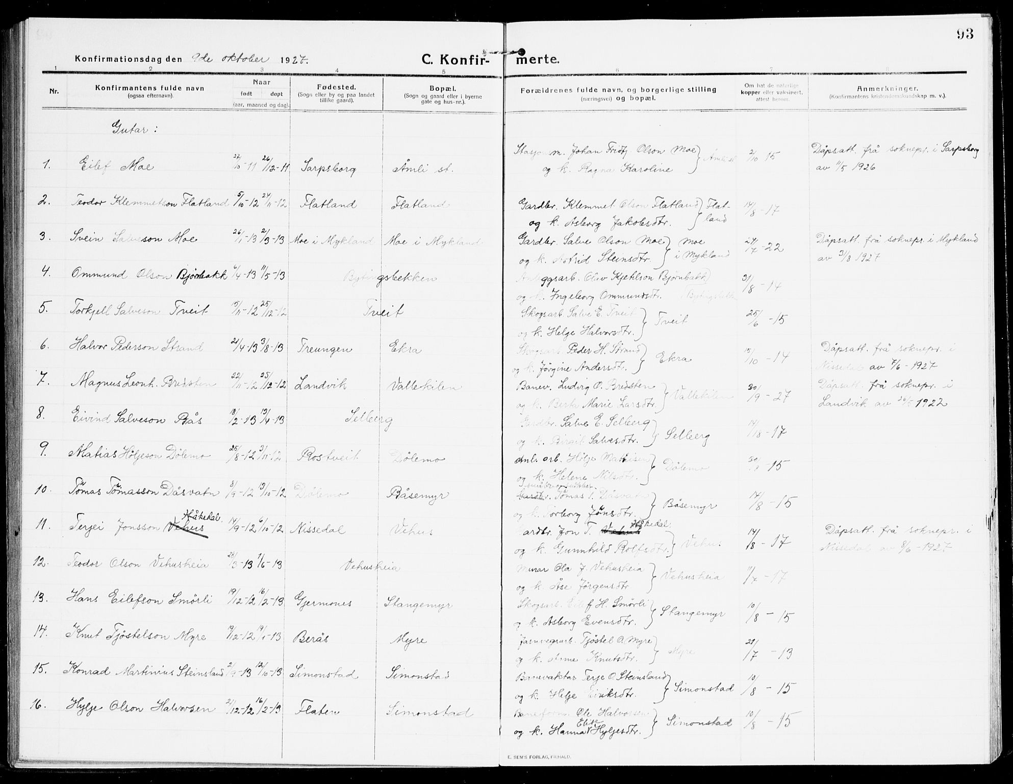 Åmli sokneprestkontor, SAK/1111-0050/F/Fa/Fac/L0013: Parish register (official) no. A 13, 1914-1933, p. 93