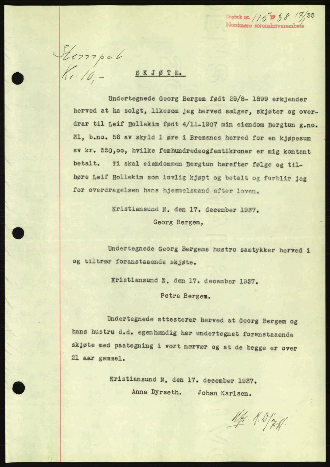 Nordmøre sorenskriveri, AV/SAT-A-4132/1/2/2Ca: Mortgage book no. A83, 1938-1938, Diary no: : 115/1938