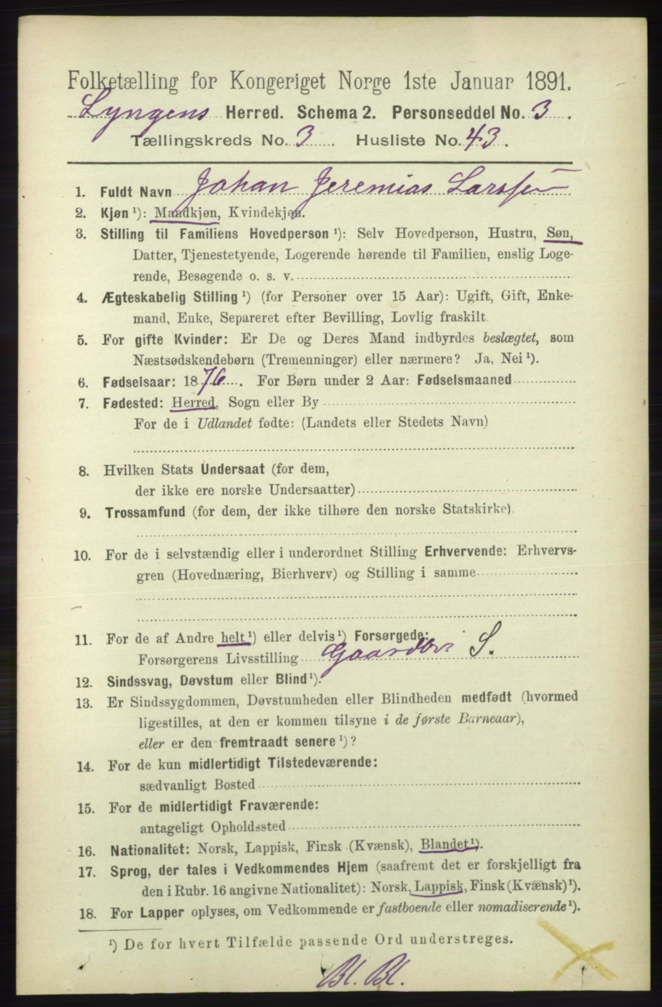 RA, 1891 census for 1938 Lyngen, 1891, p. 3429