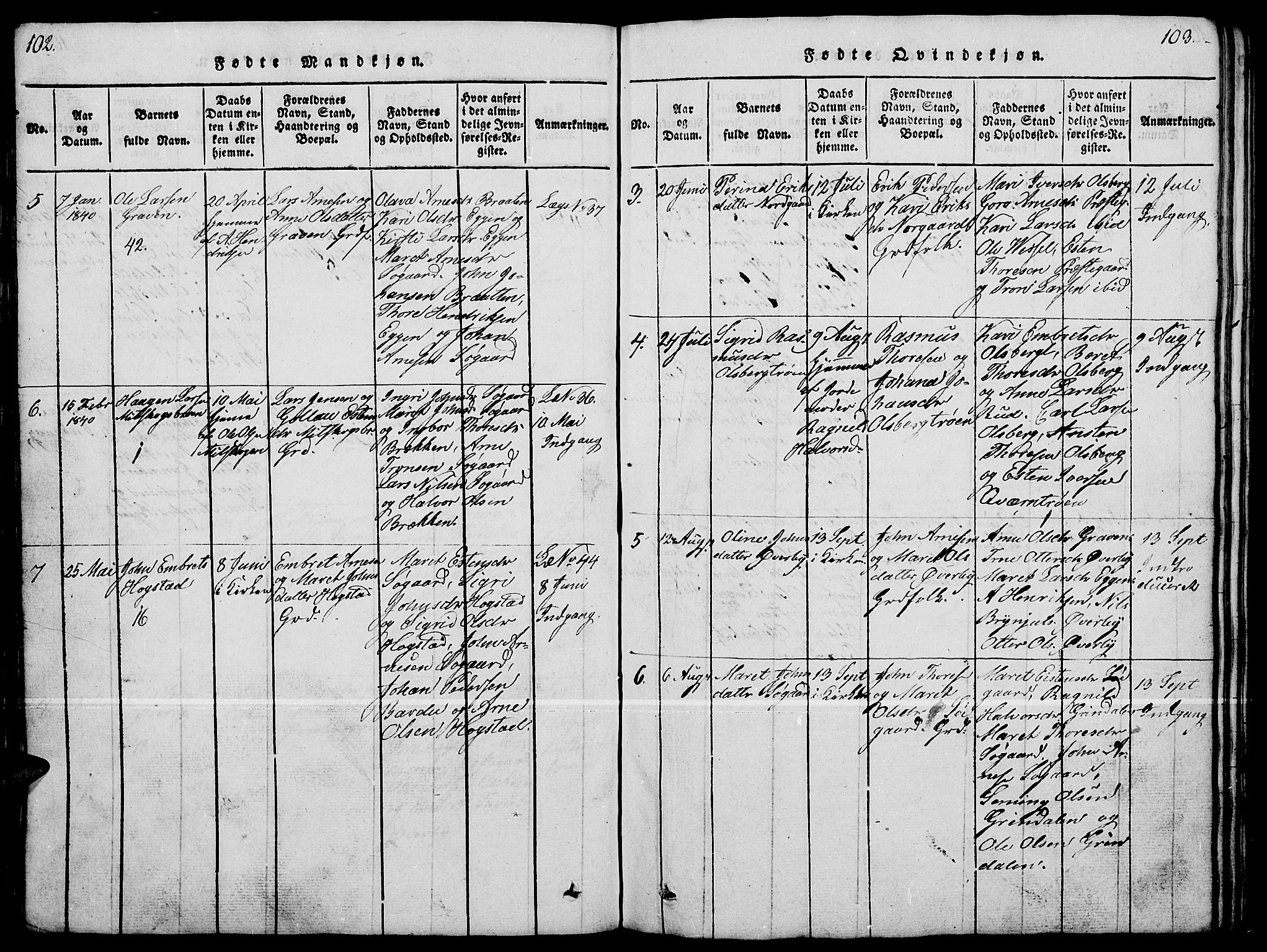 Tynset prestekontor, SAH/PREST-058/H/Ha/Hab/L0004: Parish register (copy) no. 4, 1814-1879, p. 102-103