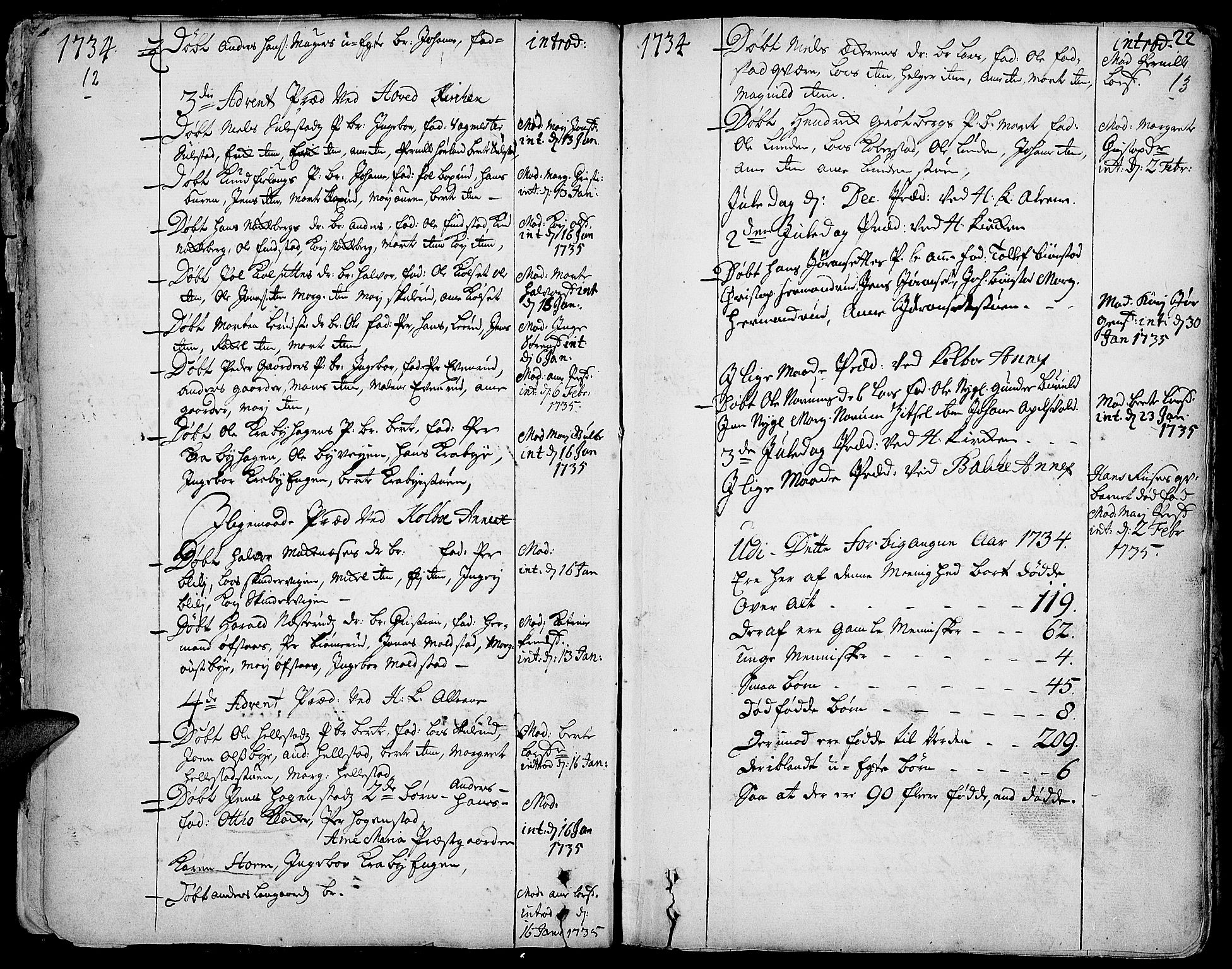 Toten prestekontor, SAH/PREST-102/H/Ha/Haa/L0003: Parish register (official) no. 3, 1734-1751, p. 12-13