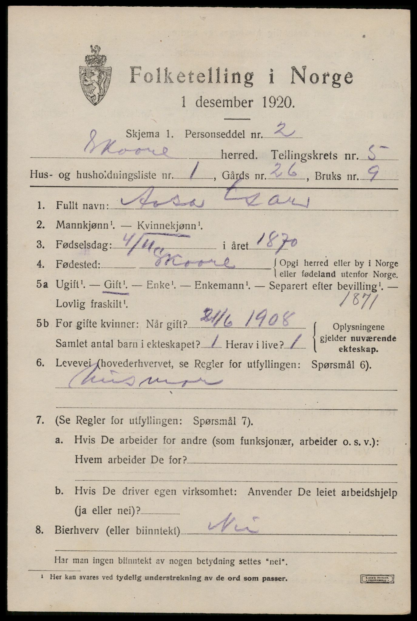 SAST, 1920 census for Skåre, 1920, p. 2692