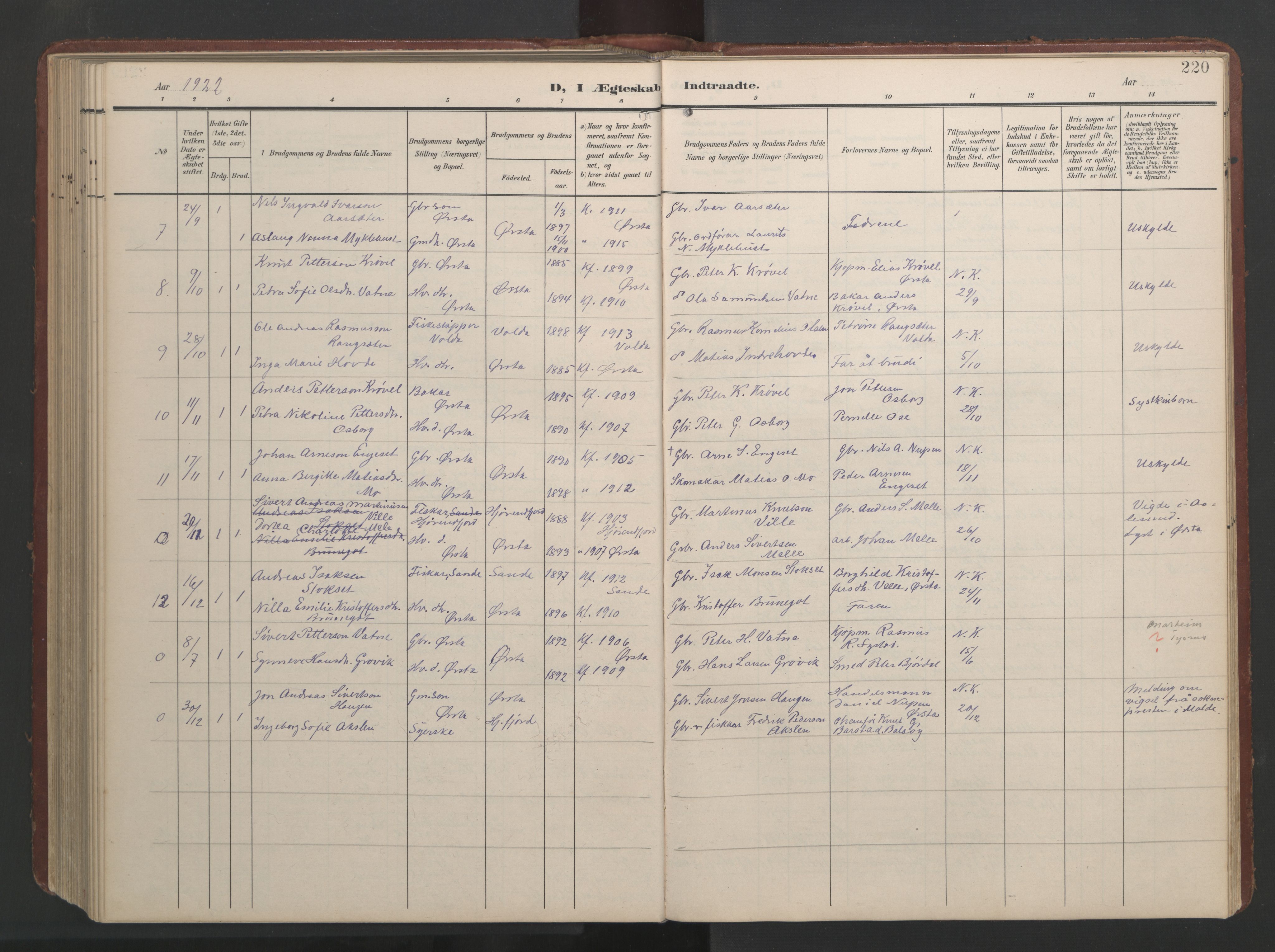 Ministerialprotokoller, klokkerbøker og fødselsregistre - Møre og Romsdal, AV/SAT-A-1454/513/L0190: Parish register (copy) no. 513C04, 1904-1926, p. 220