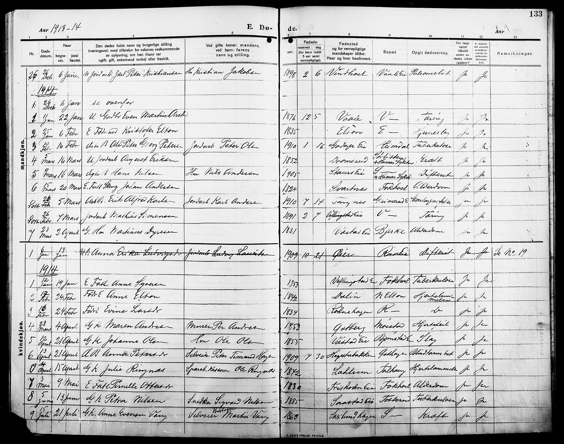 Stange prestekontor, SAH/PREST-002/L/L0014: Parish register (copy) no. 14, 1909-1917, p. 133