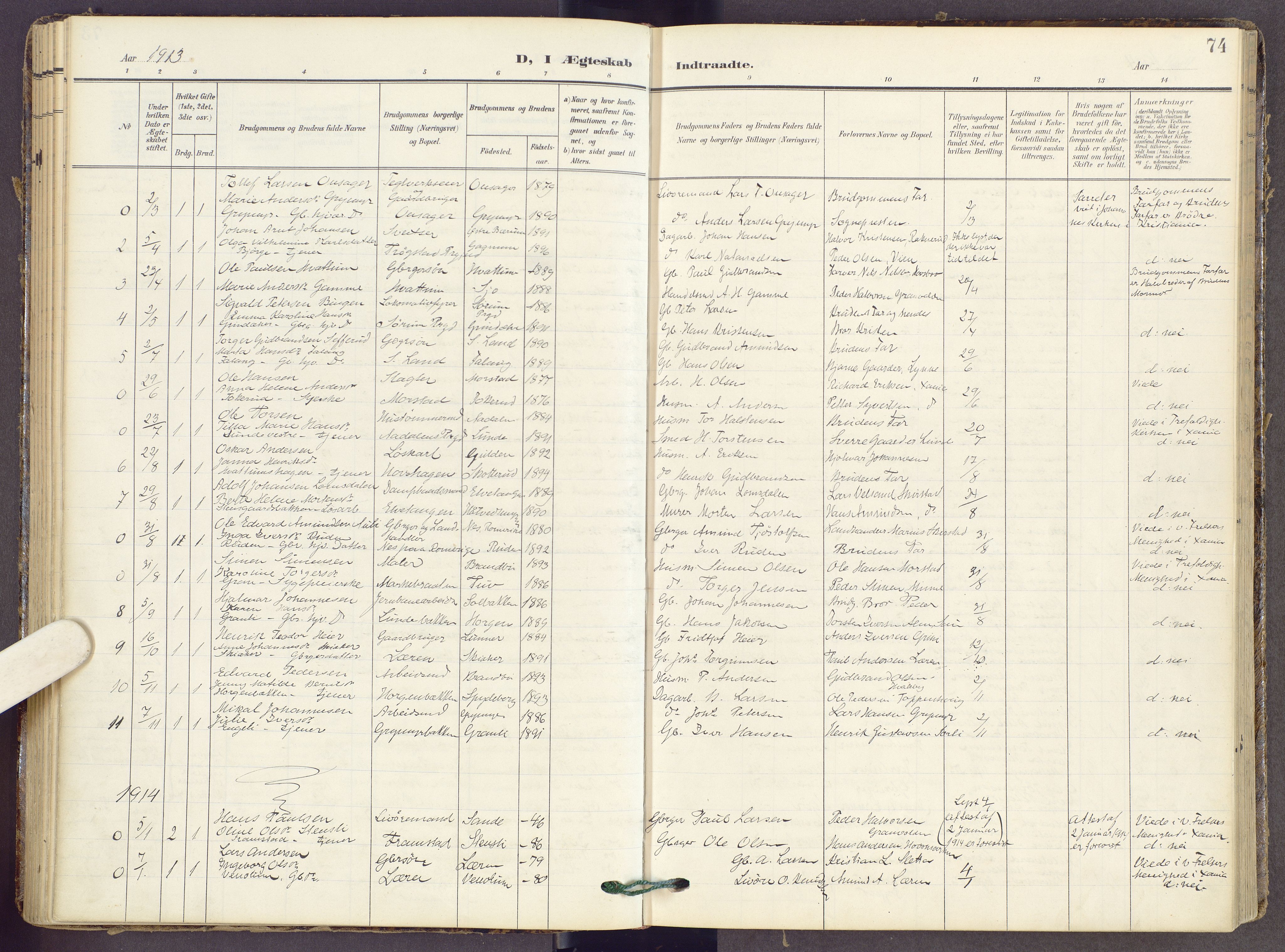 Gran prestekontor, SAH/PREST-112/H/Ha/Haa/L0022: Parish register (official) no. 22, 1908-1918, p. 74