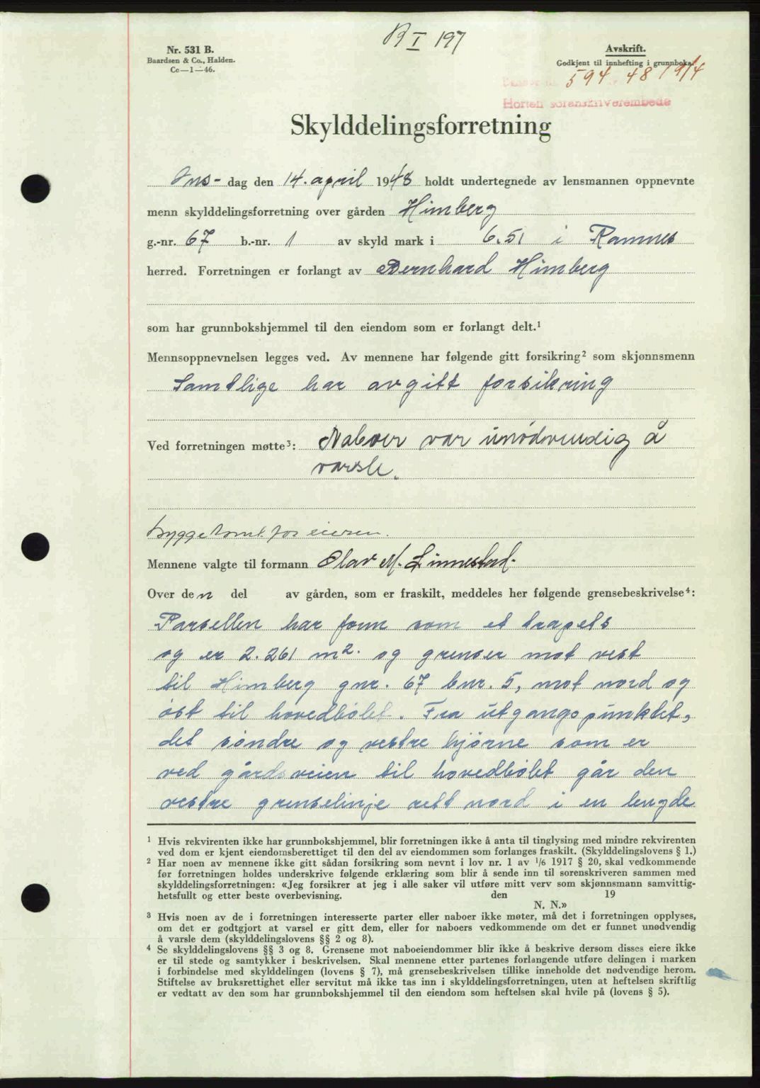 Horten sorenskriveri, AV/SAKO-A-133/G/Ga/Gaa/L0010: Mortgage book no. A-10, 1947-1948, Diary no: : 594/1948