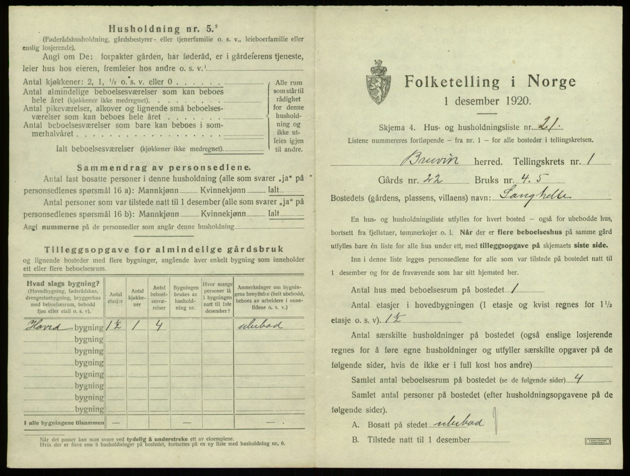 SAB, 1920 census for Bruvik, 1920, p. 95