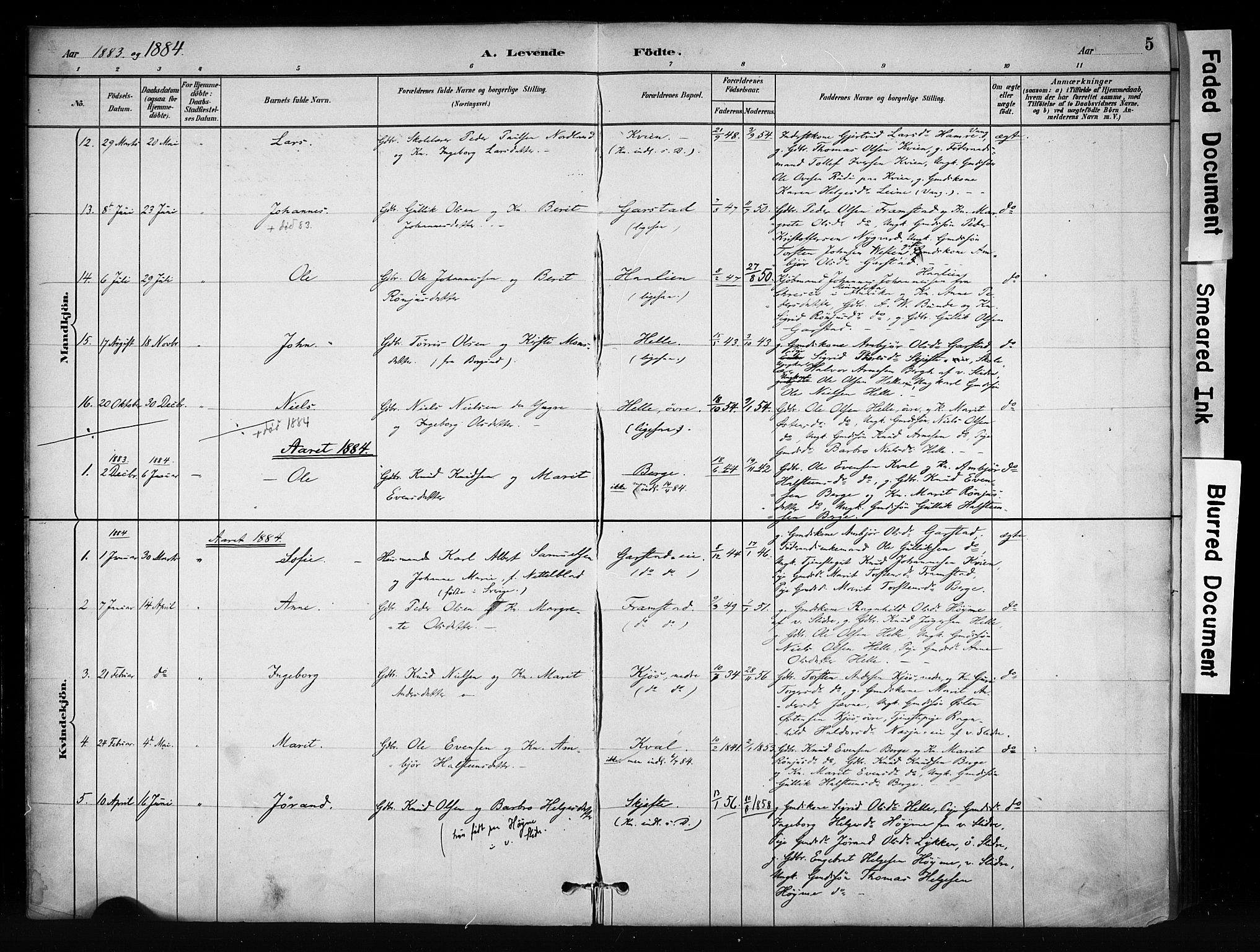 Vang prestekontor, Valdres, SAH/PREST-140/H/Ha/L0009: Parish register (official) no. 9, 1882-1914, p. 5