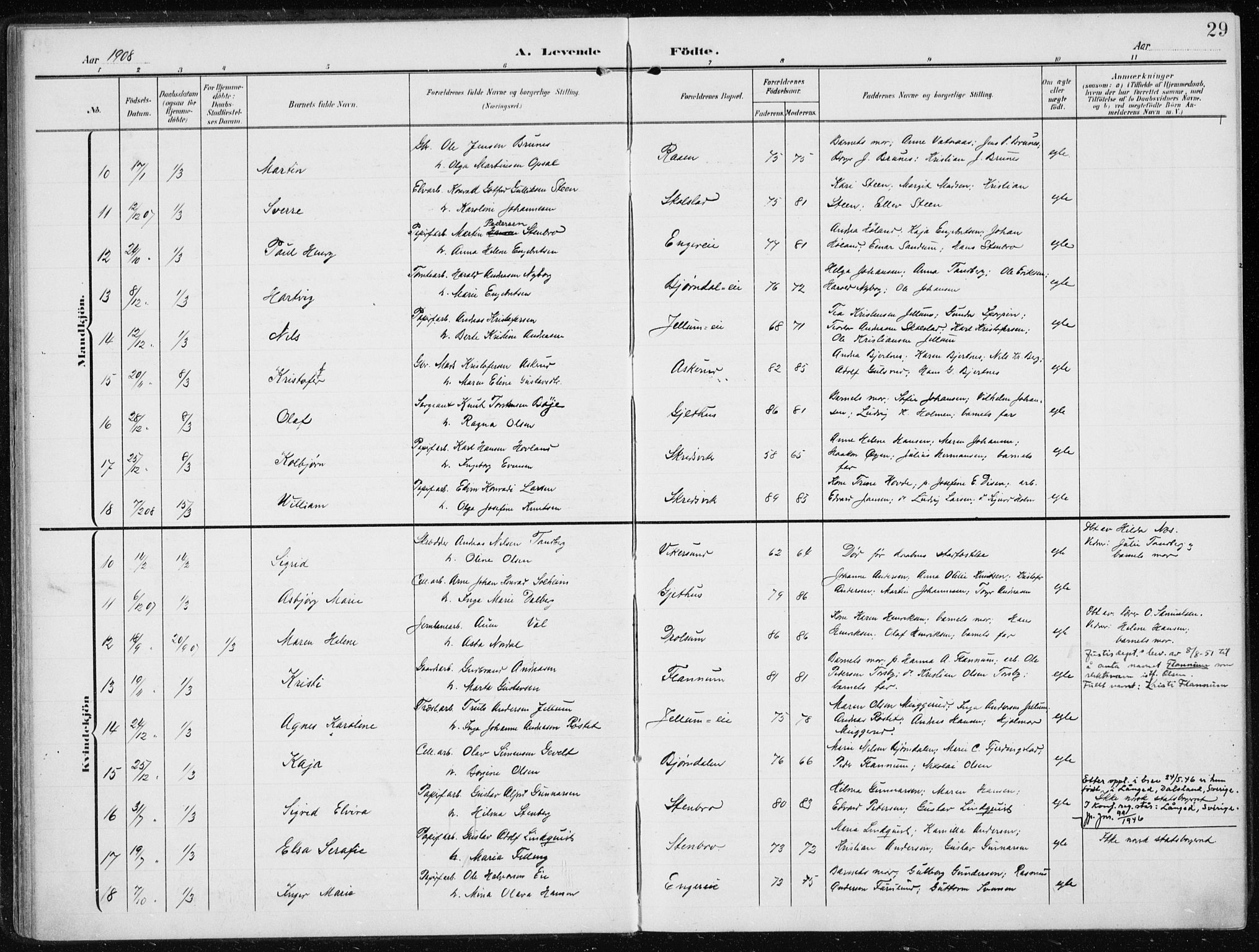 Modum kirkebøker, AV/SAKO-A-234/F/Fa/L0014a: Parish register (official) no. 14A, 1906-1918, p. 29