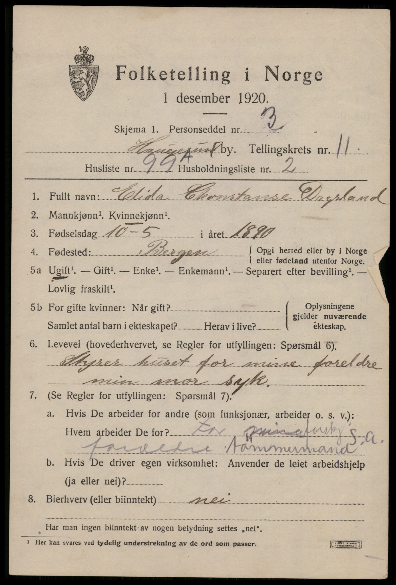 SAST, 1920 census for Haugesund, 1920, p. 37959