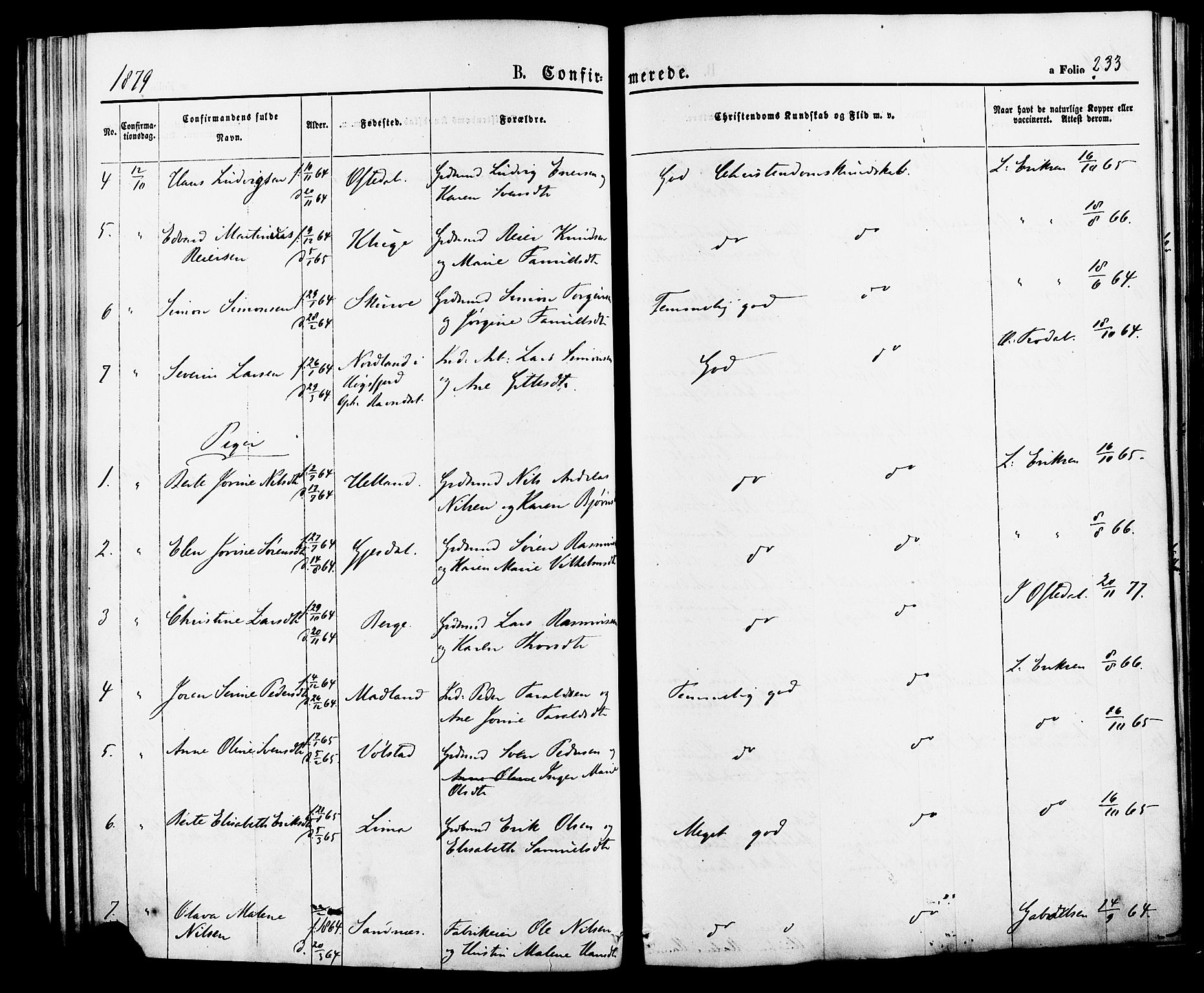 Lye sokneprestkontor, AV/SAST-A-101794/001/30BA/L0008: Parish register (official) no. A 7, 1872-1881, p. 233