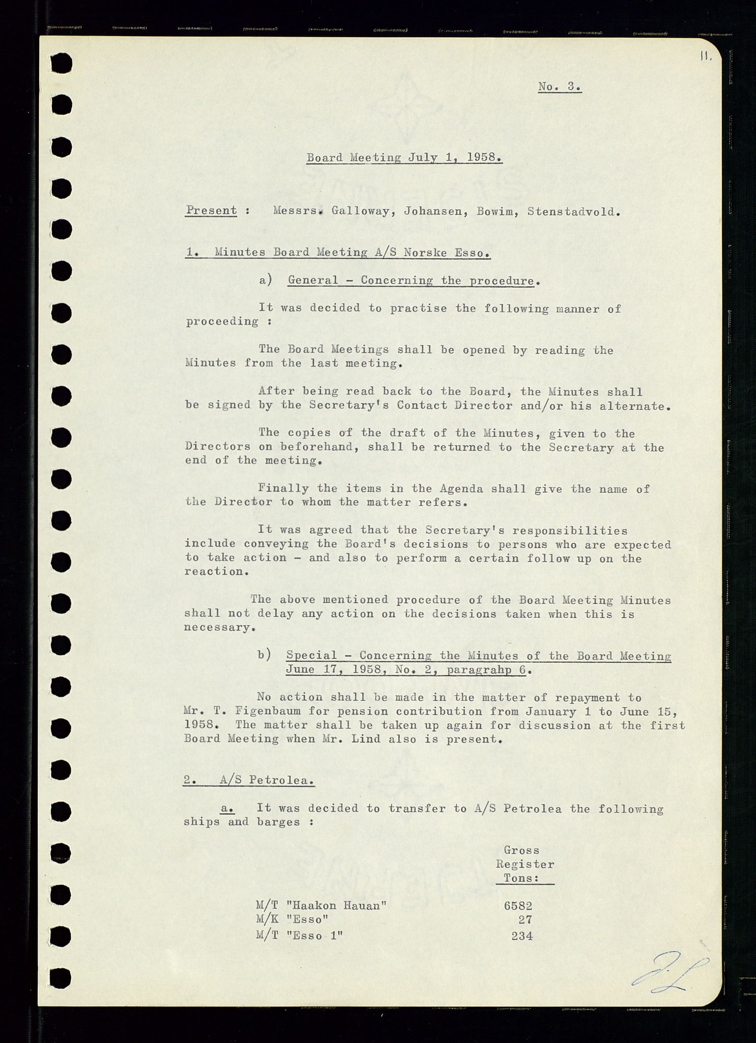 Pa 0982 - Esso Norge A/S, AV/SAST-A-100448/A/Aa/L0001/0001: Den administrerende direksjon Board minutes (styrereferater) / Den administrerende direksjon Board minutes (styrereferater), 1958-1959, p. 11