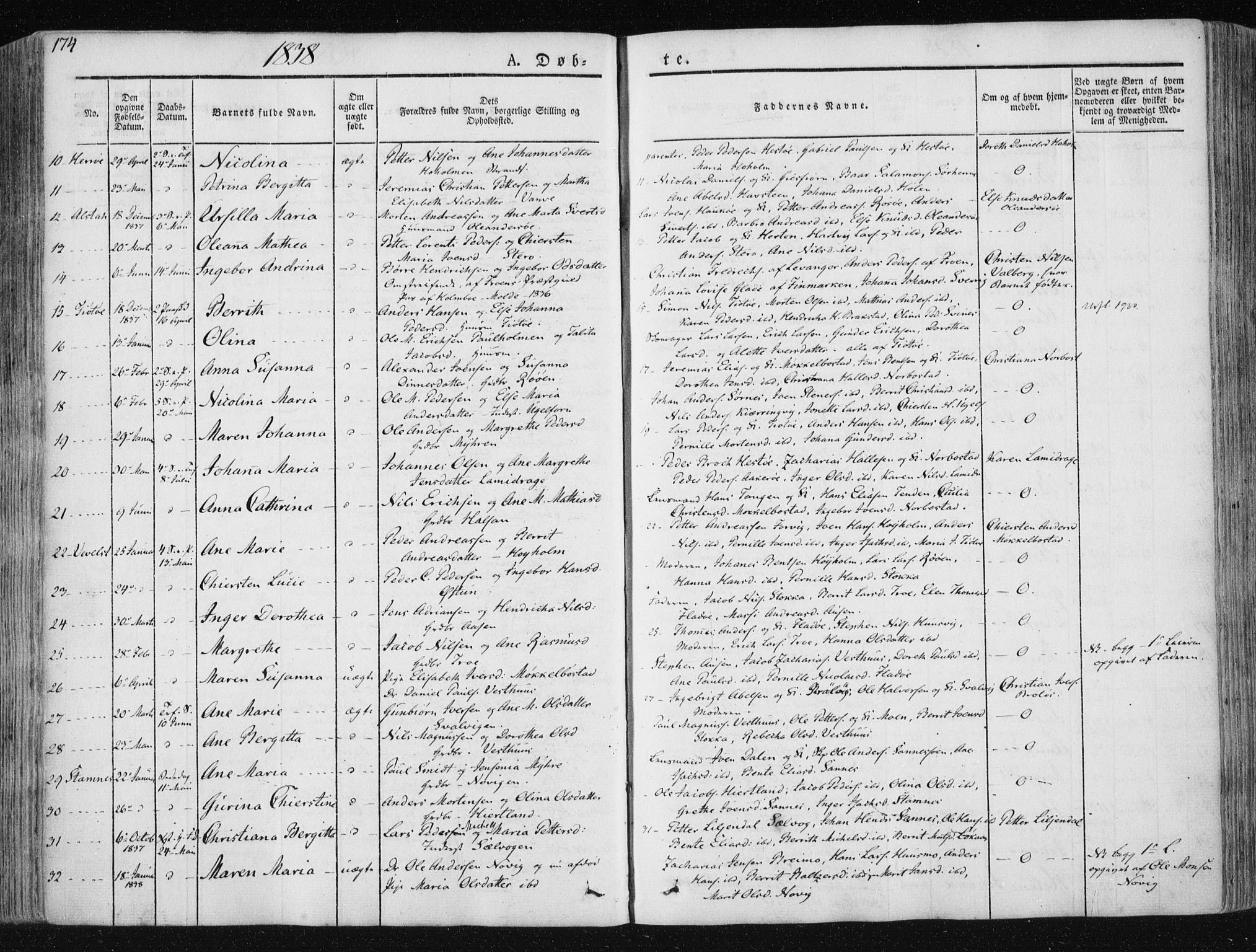 Ministerialprotokoller, klokkerbøker og fødselsregistre - Nordland, SAT/A-1459/830/L0446: Parish register (official) no. 830A10, 1831-1865, p. 174