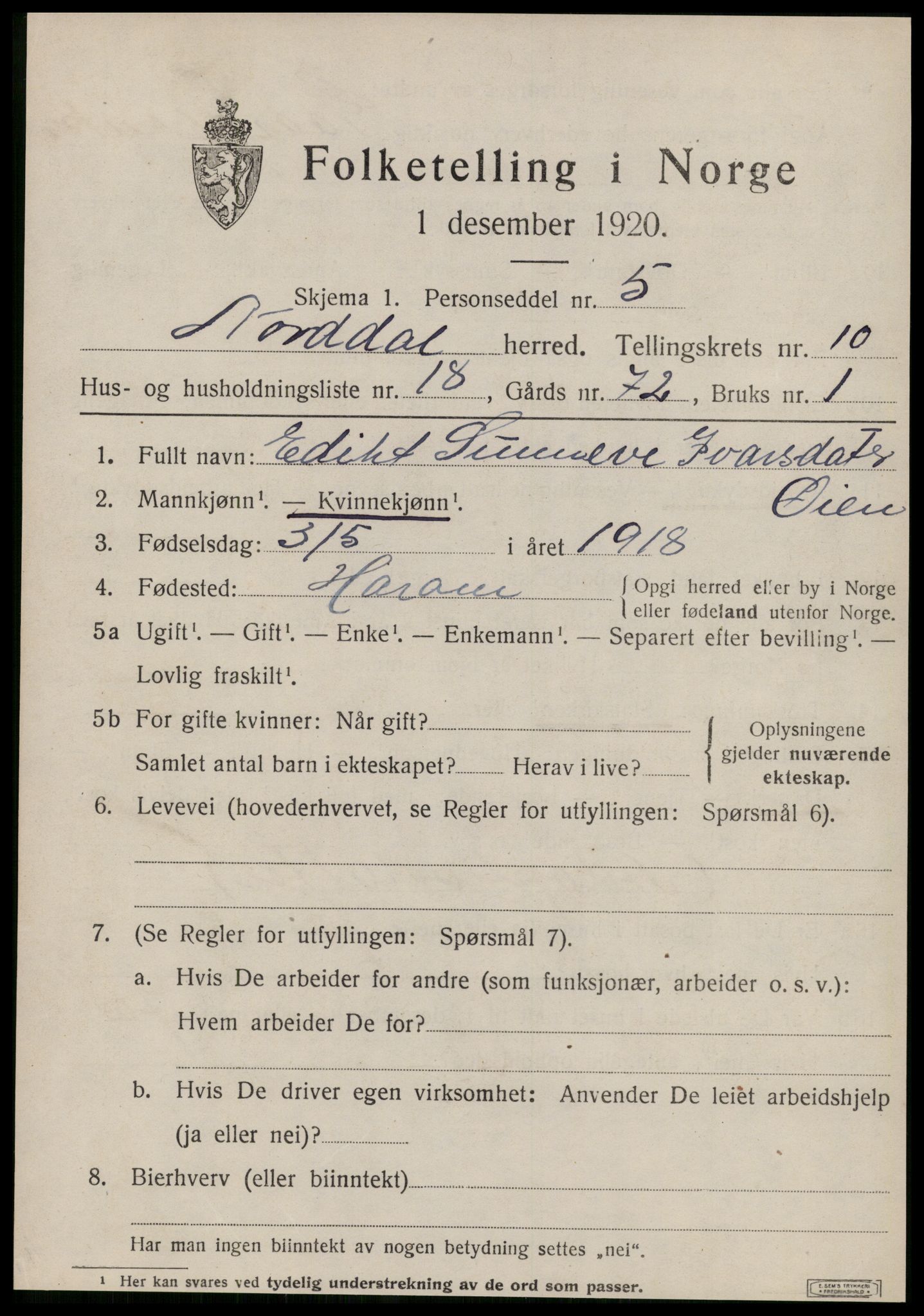 SAT, 1920 census for Norddal, 1920, p. 5583