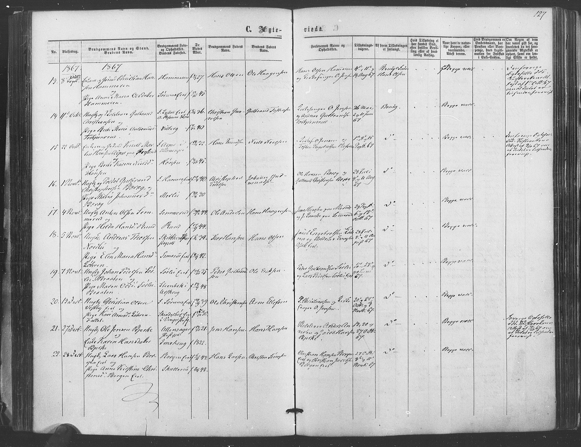 Sørum prestekontor Kirkebøker, AV/SAO-A-10303/F/Fa/L0006: Parish register (official) no. I 6, 1864-1877, p. 127