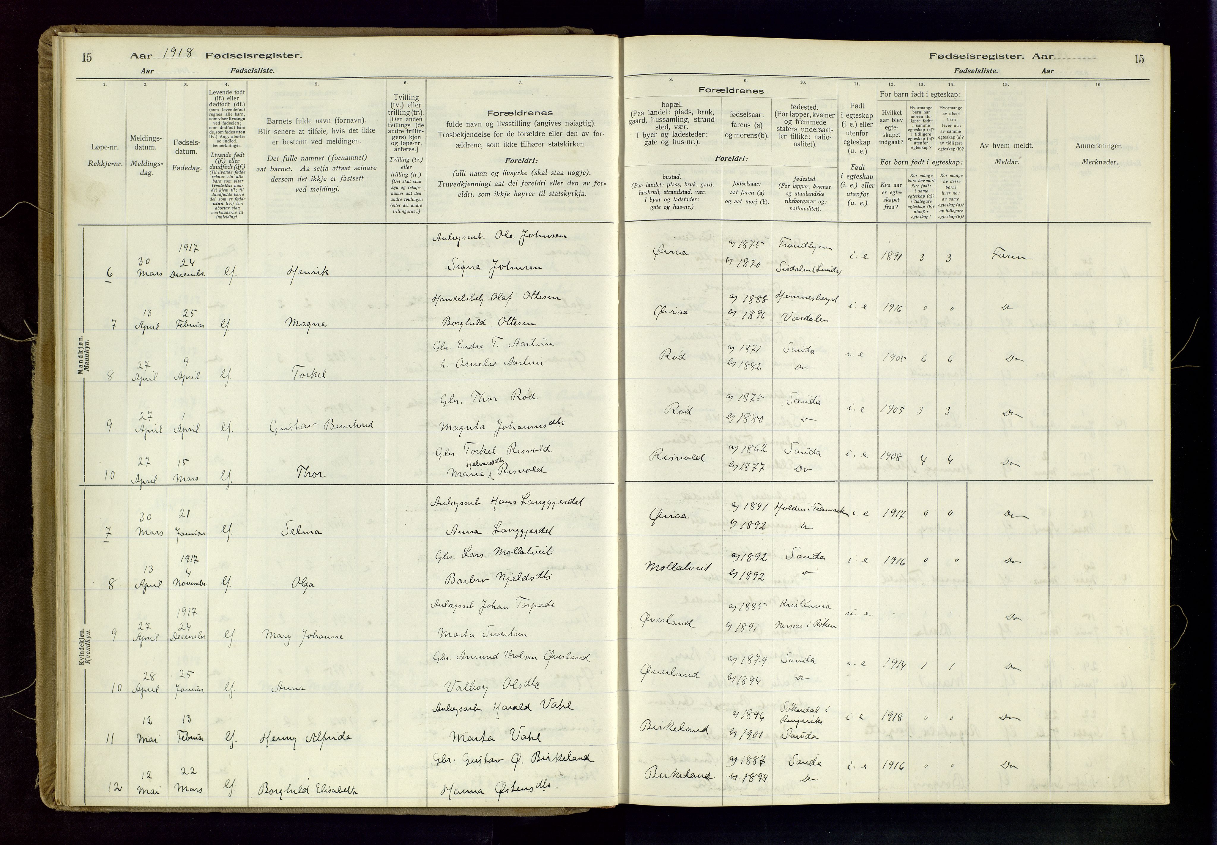 Sand sokneprestkontor, AV/SAST-A-101848/03/C/L0003: Birth register no. 3, 1916-1936, p. 15