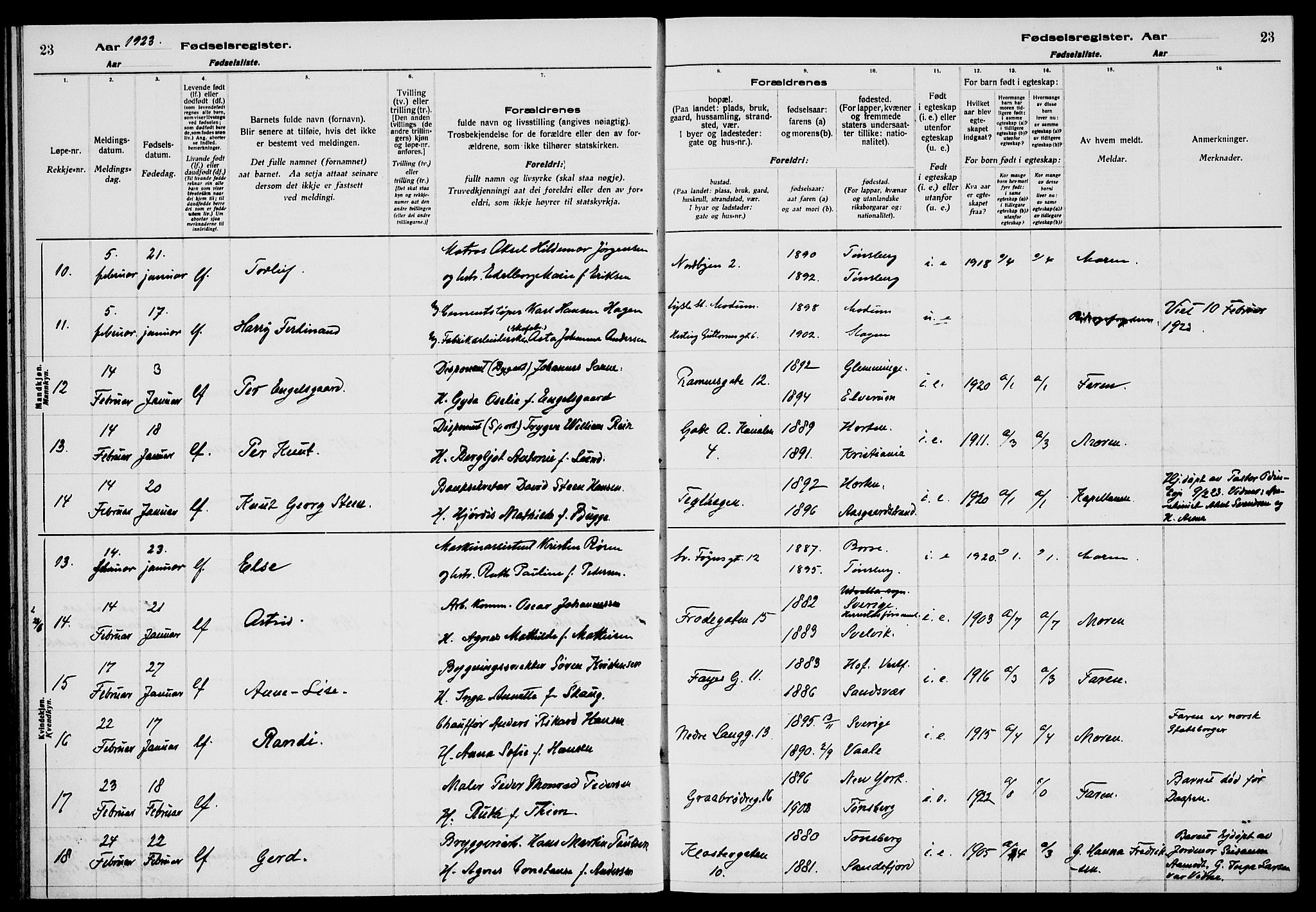 Tønsberg kirkebøker, AV/SAKO-A-330/J/Ja/L0002: Birth register no. 2, 1922-1928, p. 23