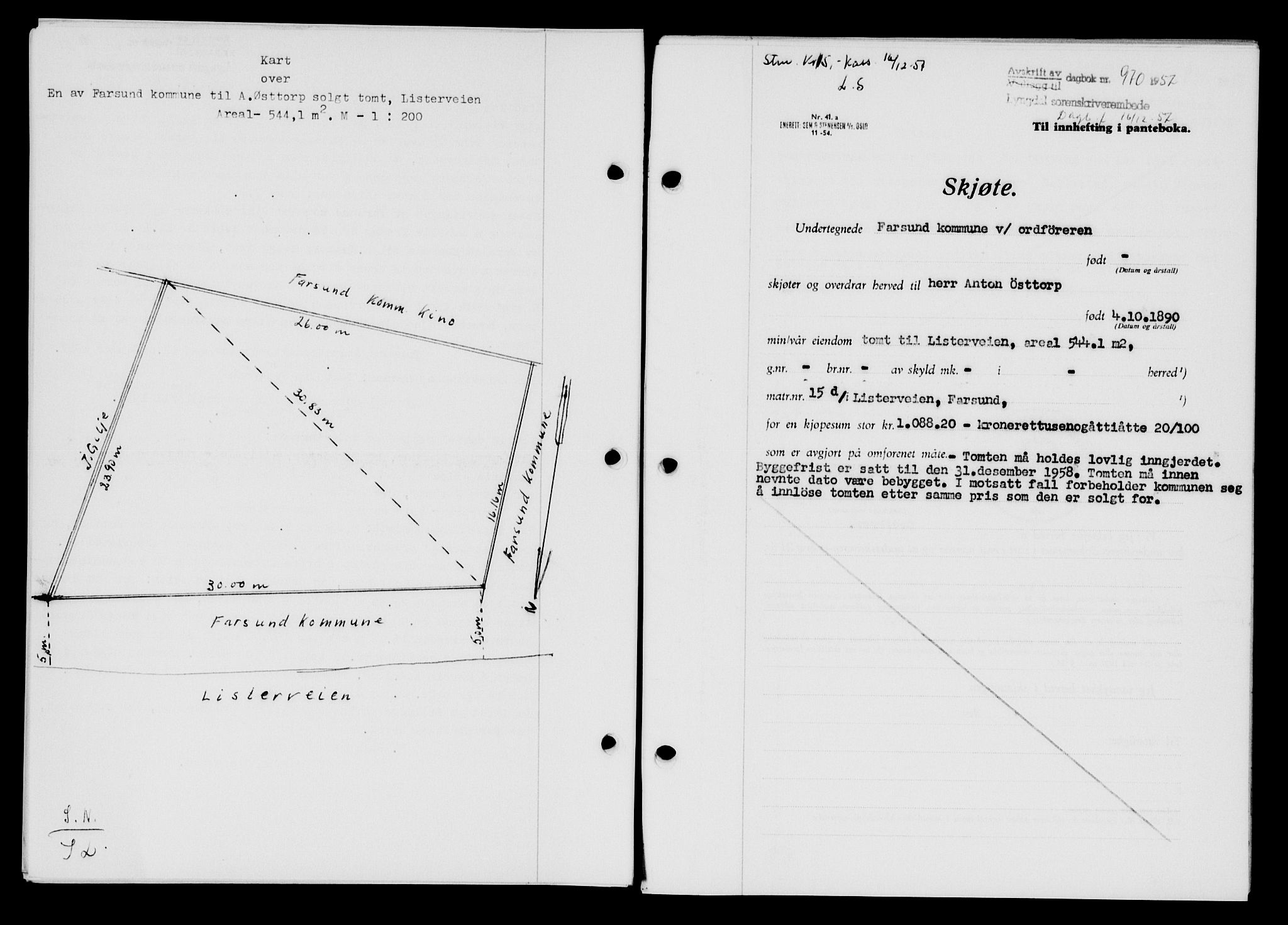 Lyngdal sorenskriveri, AV/SAK-1221-0004/G/Gb/L0676: Mortgage book no. A XXII, 1957-1957, Diary no: : 970/1957