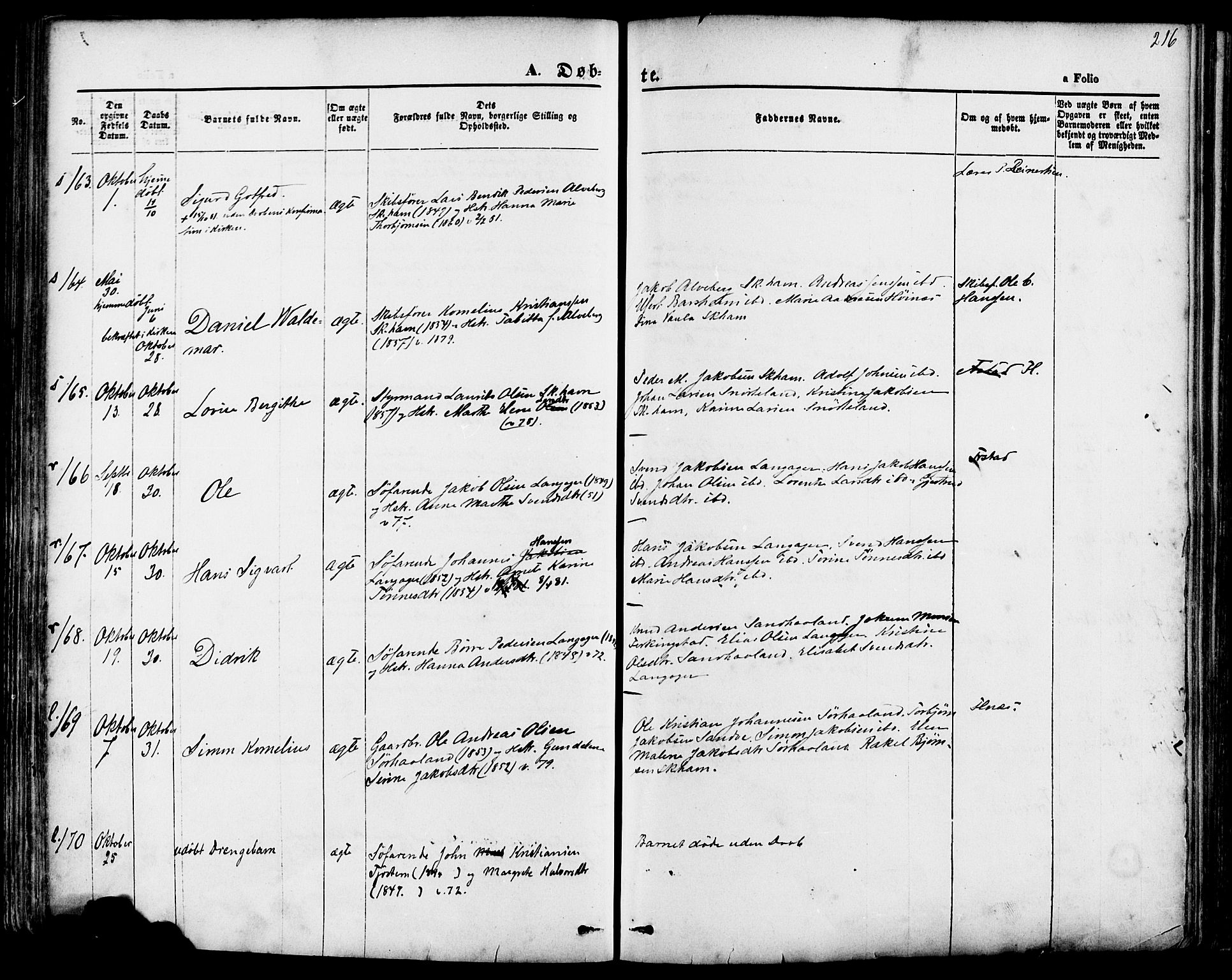 Skudenes sokneprestkontor, SAST/A -101849/H/Ha/Haa/L0006: Parish register (official) no. A 4, 1864-1881, p. 216