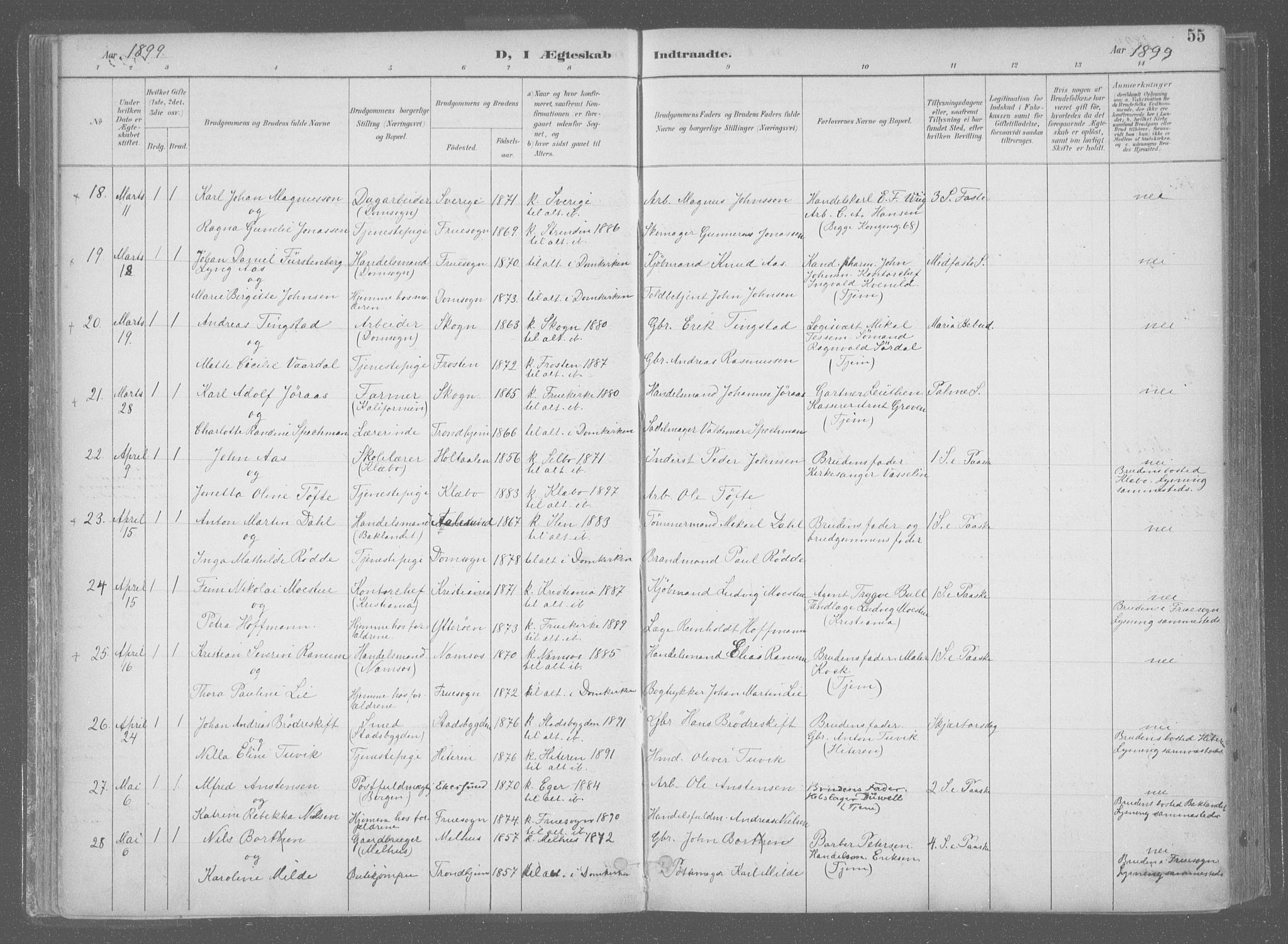 Ministerialprotokoller, klokkerbøker og fødselsregistre - Sør-Trøndelag, AV/SAT-A-1456/601/L0064: Parish register (official) no. 601A31, 1891-1911, p. 55