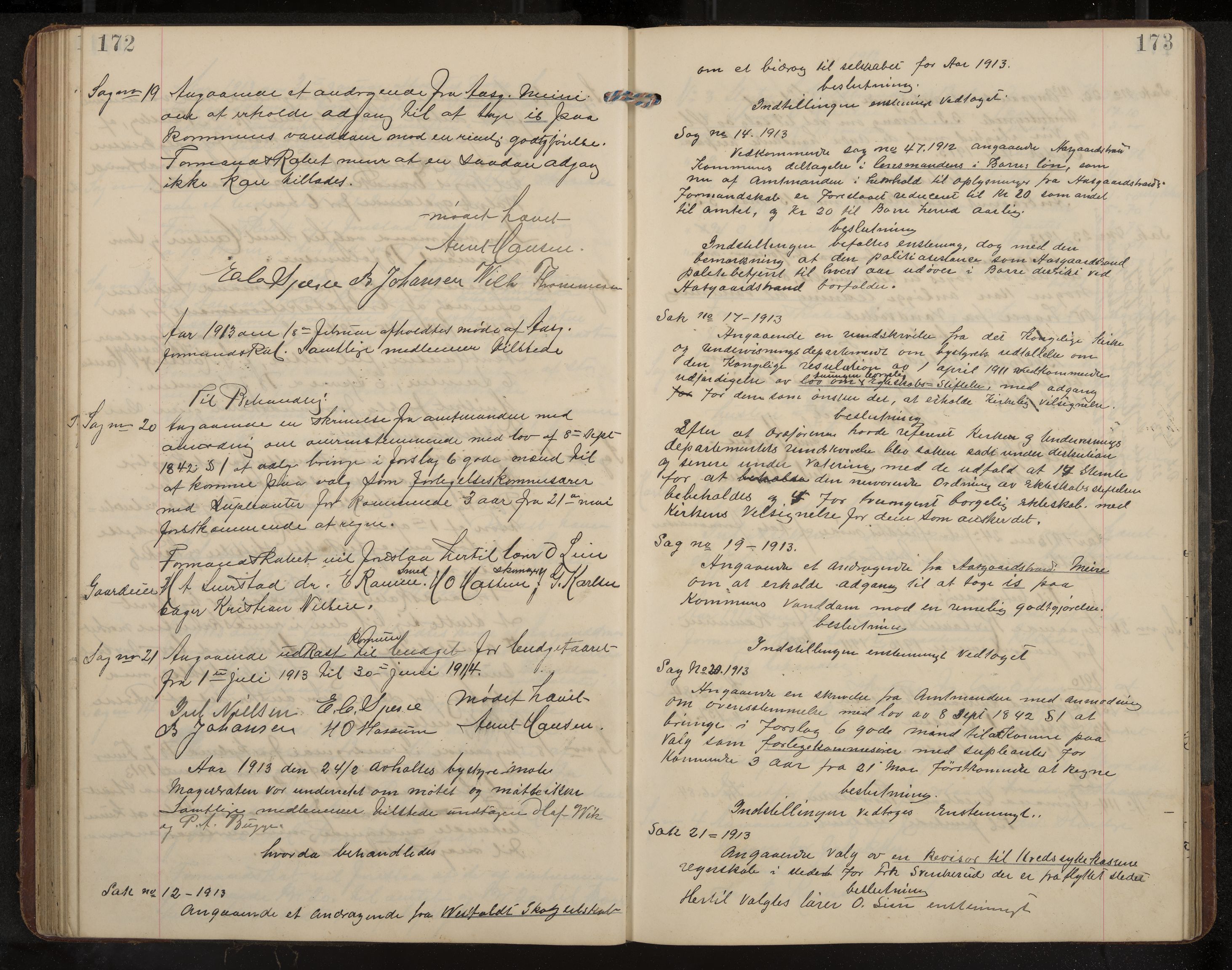 Åsgårdstrand formannskap og sentraladministrasjon, IKAK/0704021/A/L0004: Møtebok med register, 1908-1915, p. 172-173