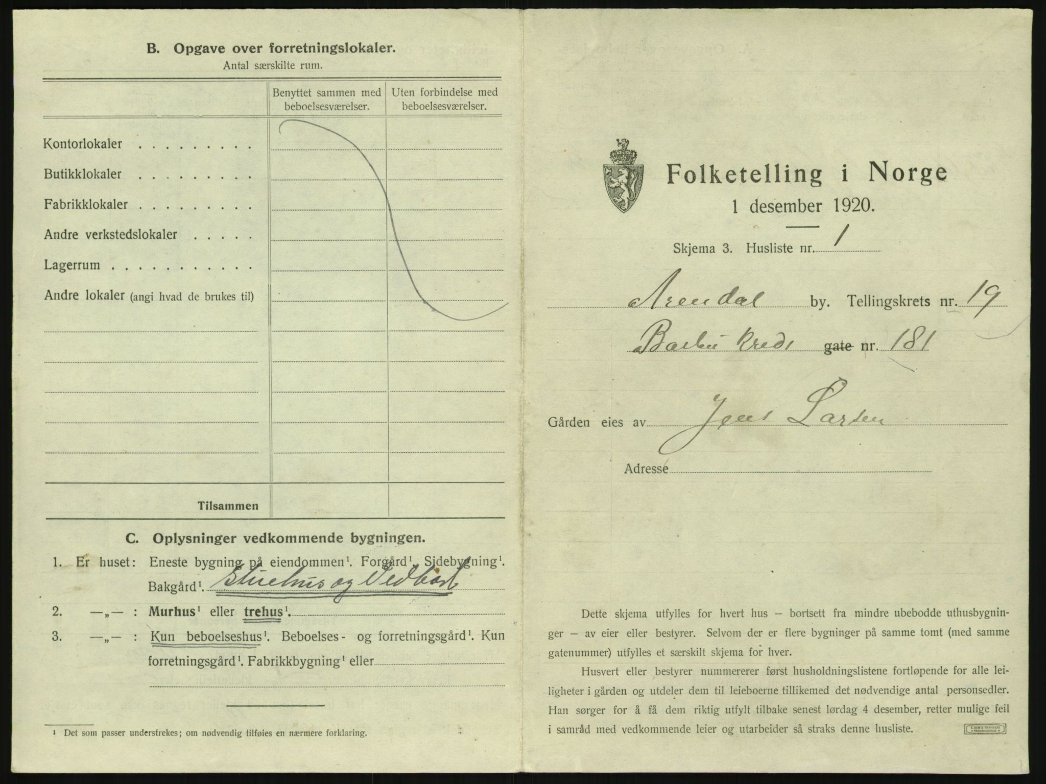 SAK, 1920 census for Arendal, 1920, p. 2914