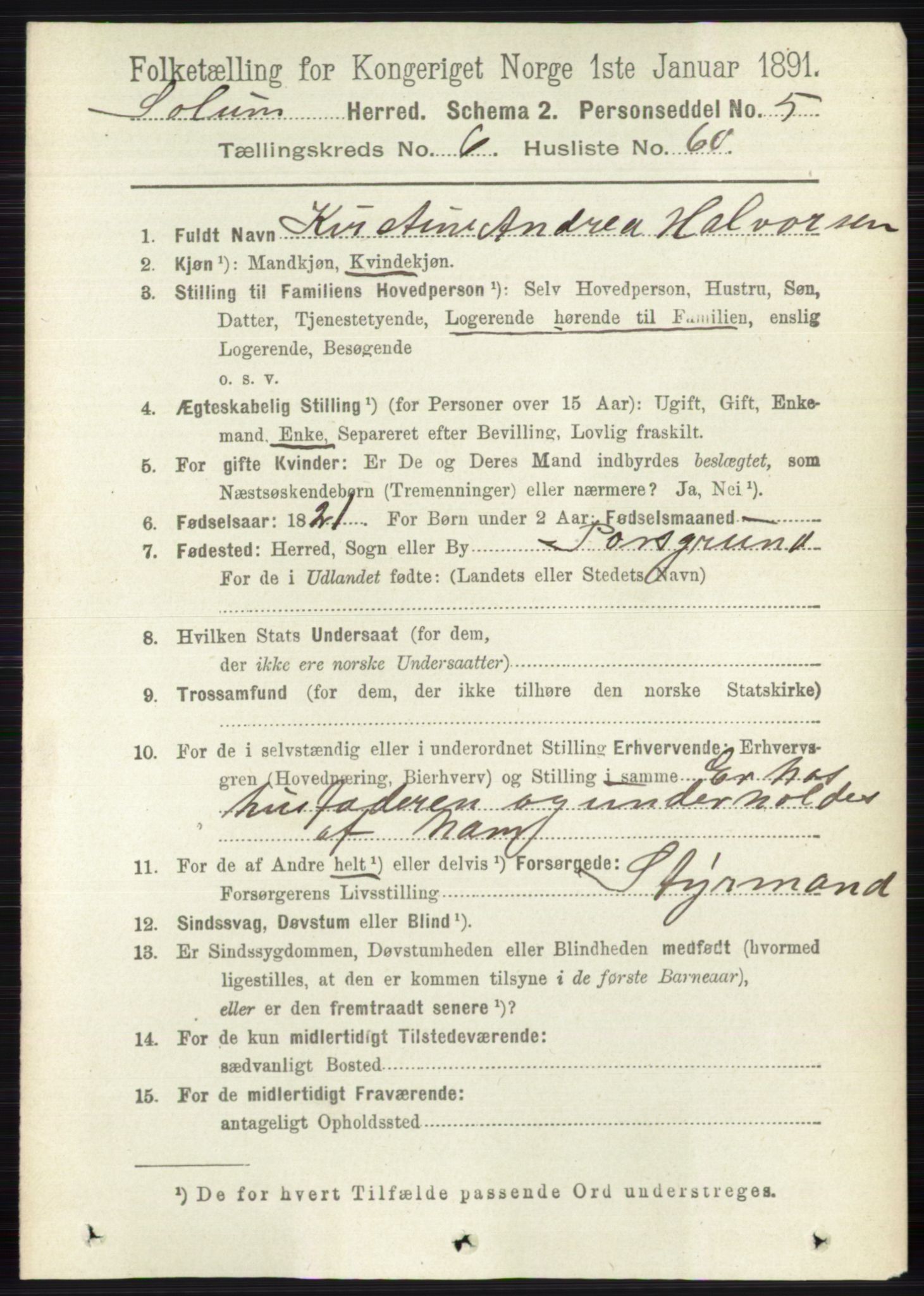 RA, 1891 census for 0818 Solum, 1891, p. 1536