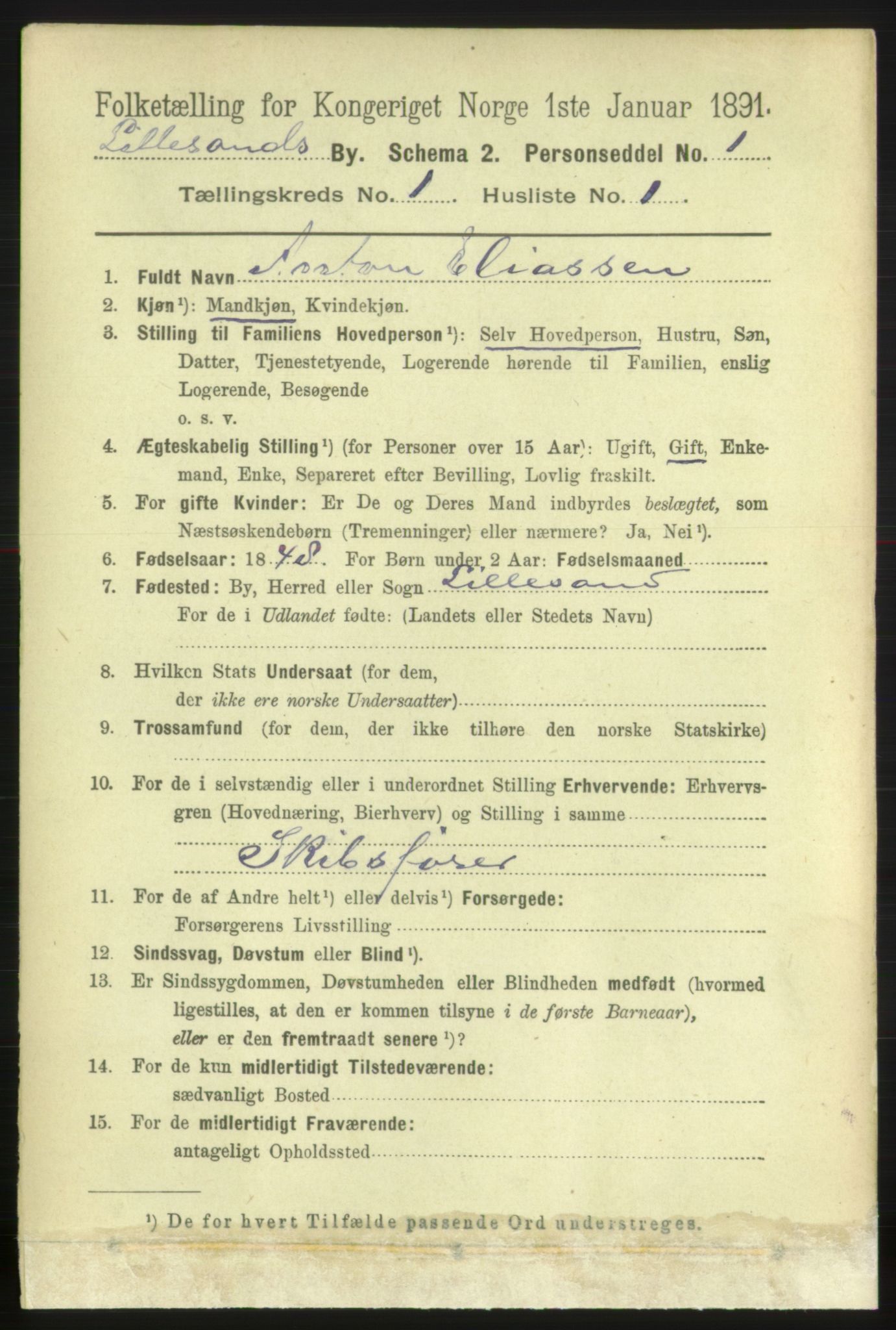 RA, 1891 census for 0905 Lillesand, 1891, p. 18