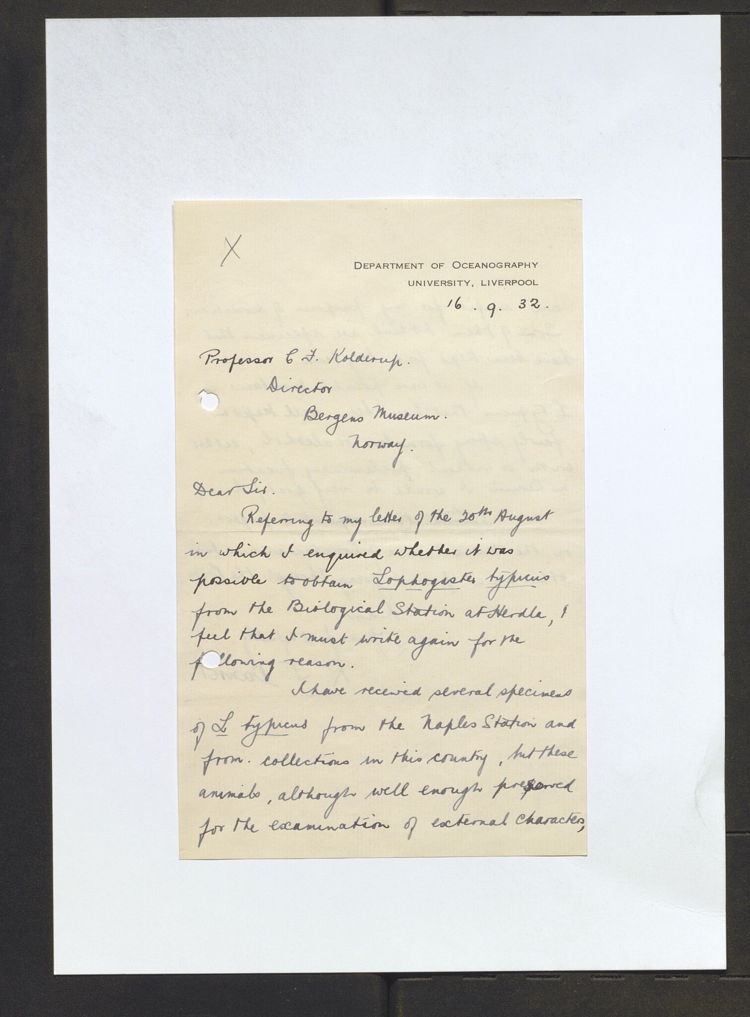 Bergens Museum, AV/SAB-A-17301/13/D/L0002: Korrespondanse , 1928-1940, p. 397