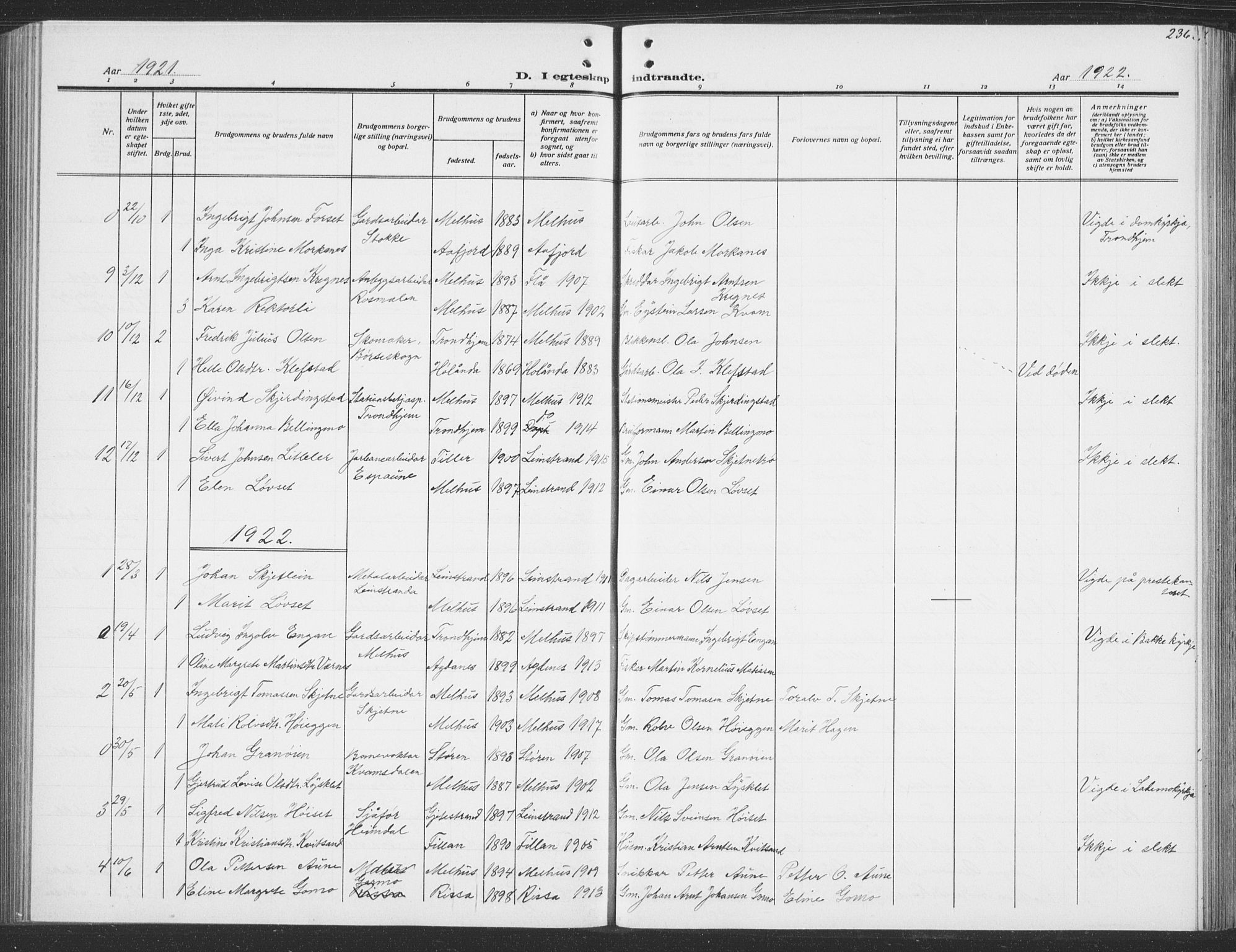 Ministerialprotokoller, klokkerbøker og fødselsregistre - Sør-Trøndelag, SAT/A-1456/691/L1095: Parish register (copy) no. 691C06, 1912-1933, p. 236