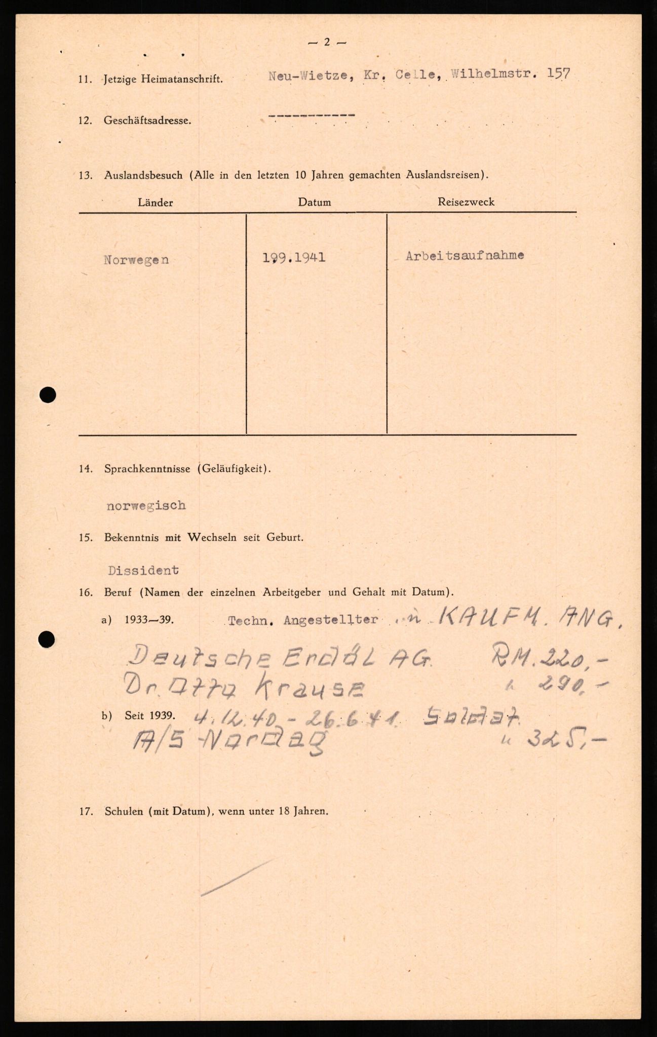 Forsvaret, Forsvarets overkommando II, AV/RA-RAFA-3915/D/Db/L0021: CI Questionaires. Tyske okkupasjonsstyrker i Norge. Tyskere., 1945-1946, p. 251