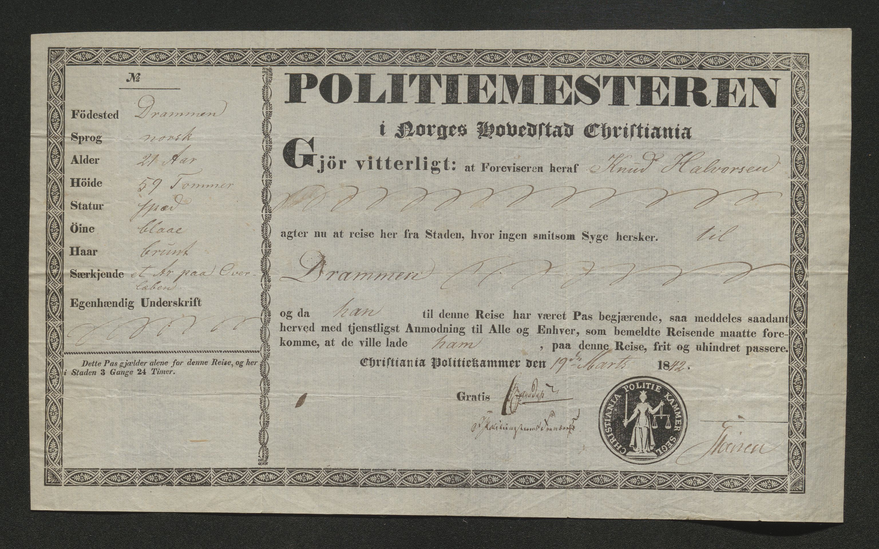 Drammen politikammer, AV/SAKO-A-623/I/Ia/Iab/L0006: Innleverte pass, 1841-1842, p. 386