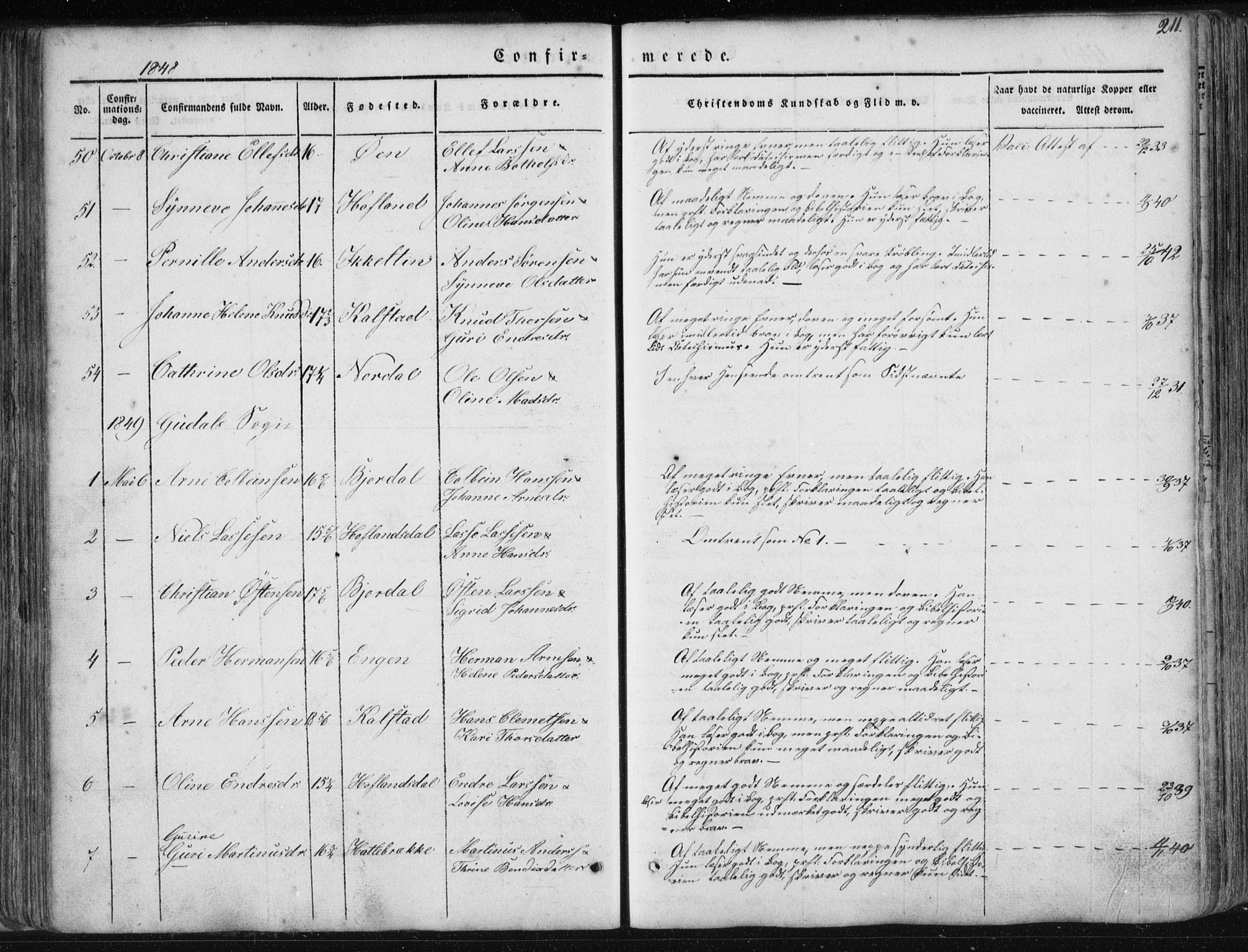Fjaler sokneprestembete, SAB/A-79801/H/Haa/Haaa/L0006: Parish register (official) no. A 6, 1835-1884, p. 211