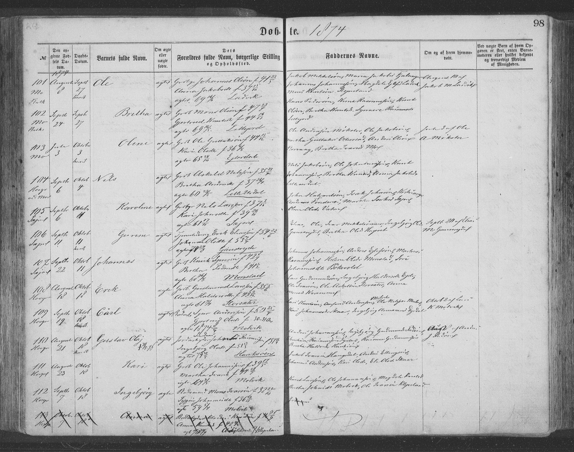 Hosanger sokneprestembete, AV/SAB-A-75801/H/Haa: Parish register (official) no. A 9, 1864-1876, p. 98