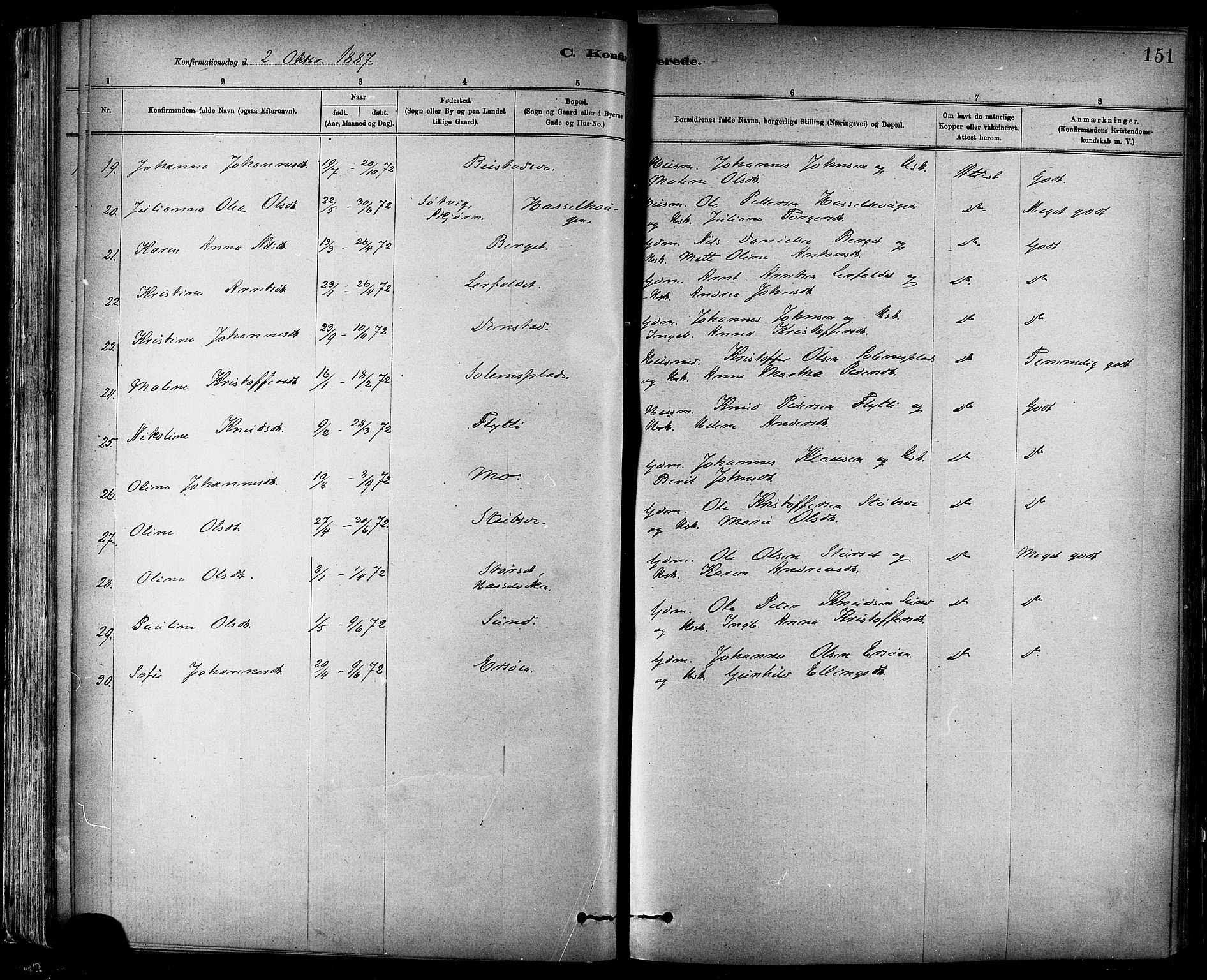 Ministerialprotokoller, klokkerbøker og fødselsregistre - Sør-Trøndelag, AV/SAT-A-1456/647/L0634: Parish register (official) no. 647A01, 1885-1896, p. 151