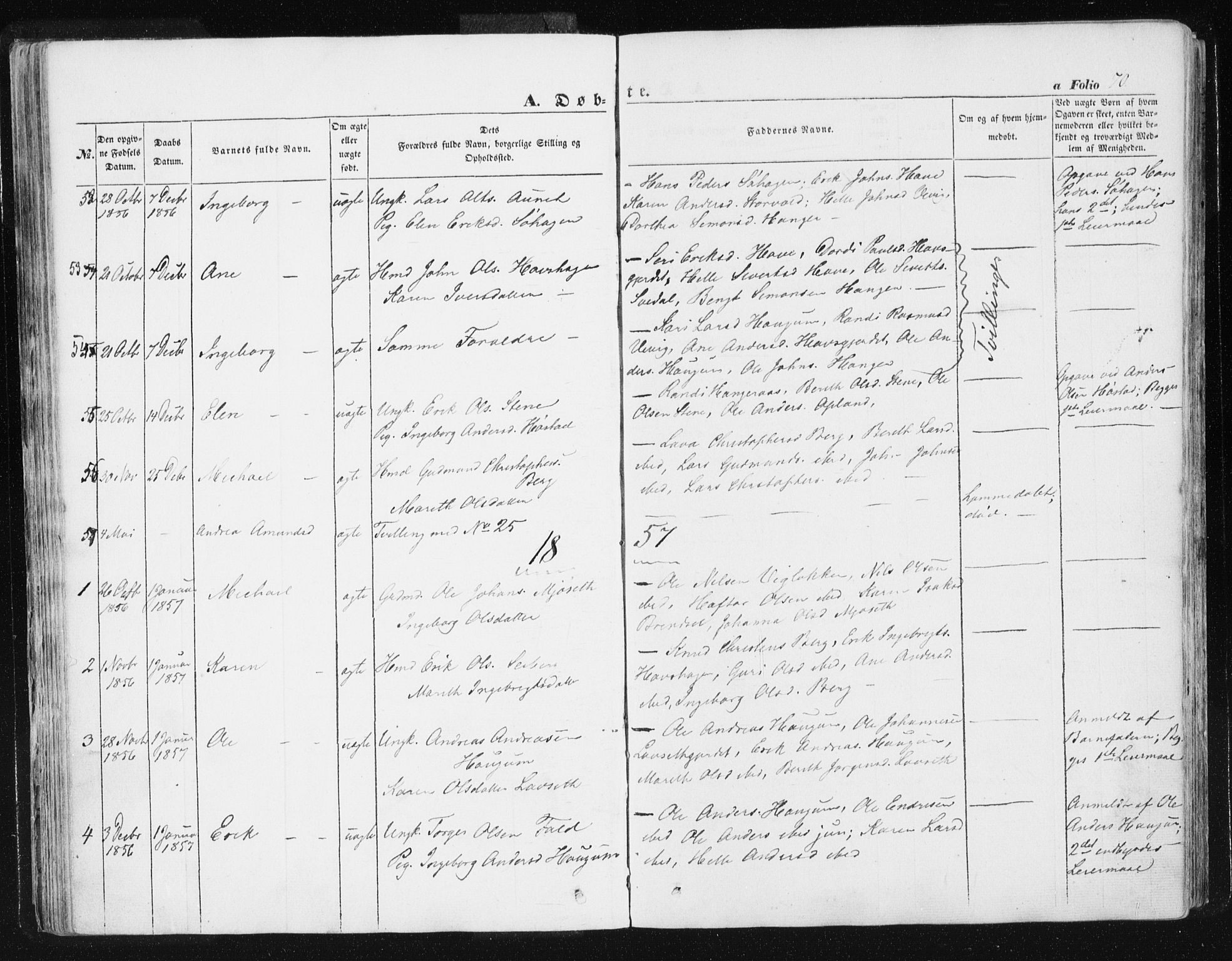 Ministerialprotokoller, klokkerbøker og fødselsregistre - Sør-Trøndelag, SAT/A-1456/612/L0376: Parish register (official) no. 612A08, 1846-1859, p. 70