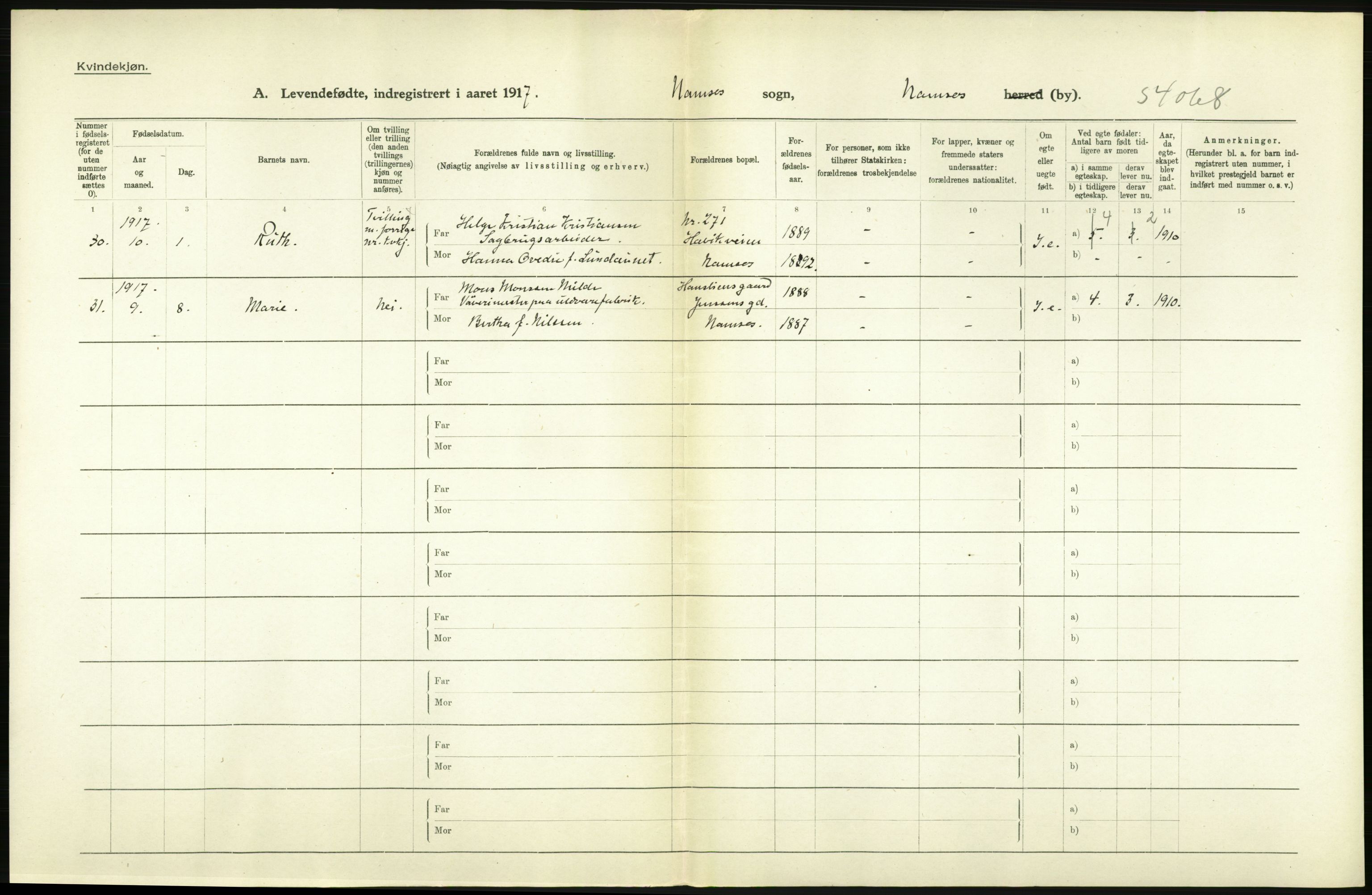 Statistisk sentralbyrå, Sosiodemografiske emner, Befolkning, RA/S-2228/D/Df/Dfb/Dfbg/L0048: N. Bergenhus amt: Levendefødte menn og kvinner. Bygder og byer., 1917, p. 532